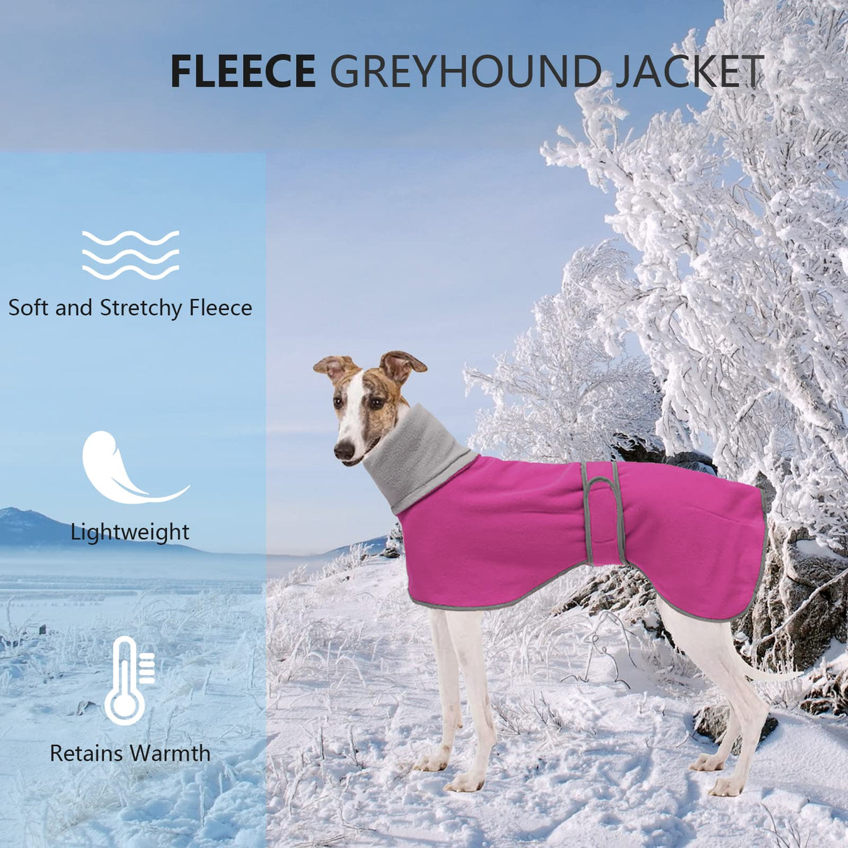 Geyecete Greyhound Cosy Fleece Jumper, Dog Winter Coat with Warm Fleece Lining, Outdoor Dog Apparel with Adjustable Bands for Medium, Large Dog -Pink-XS