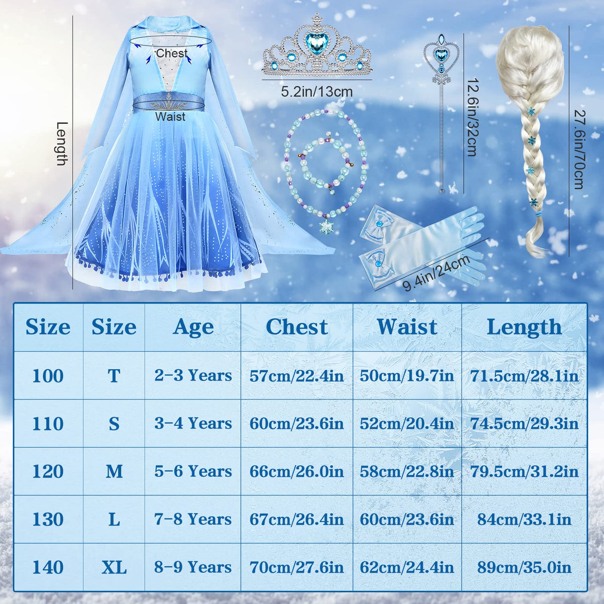 Tacobear 10Pcs Frozen Elsa Costume Dress For Girls Kids Toddler Princess Dress Up Clothes For Little Girls With Elsa Accessories Gloves Crown Wands Wig Necklace For 8-9T Kids Christmas Birthday Party
