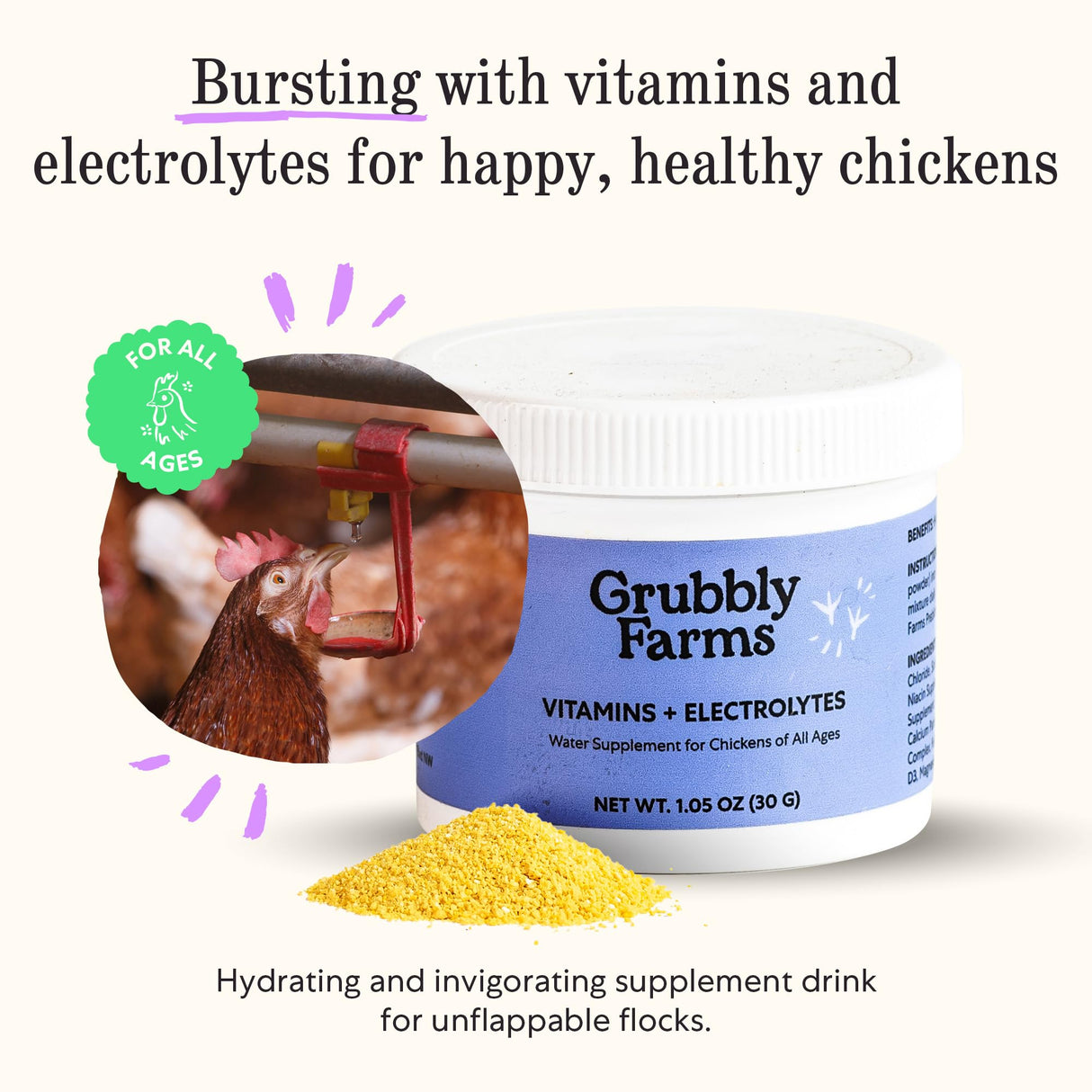 Grubbly Farms Vitamins + Electrolytes Water Supplement for Chickens (30 Day)