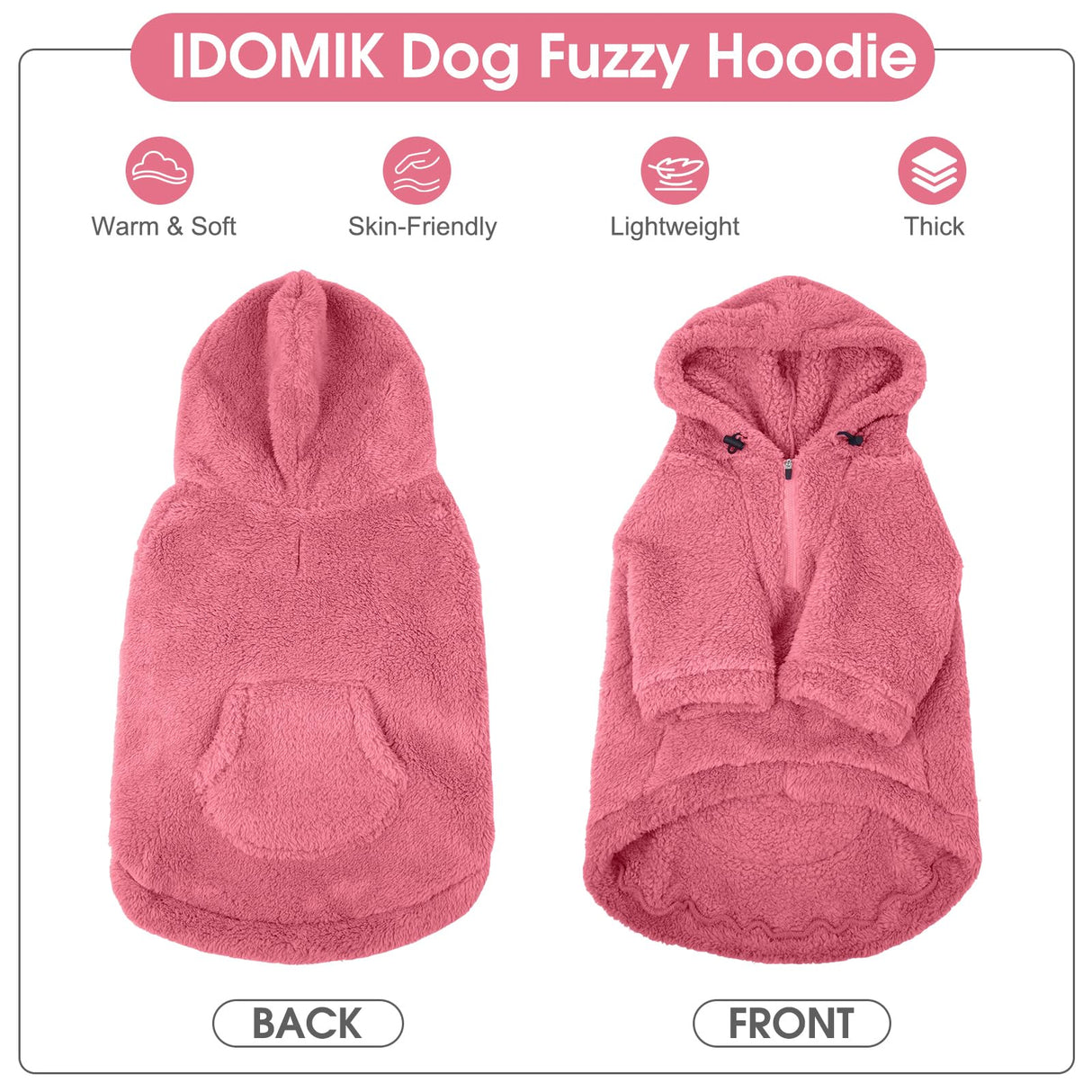 IDOMIK Fuzzy Dog Sweater with Adjustable Hood, Warm Fleece Dog Sweater Hoodie with Harness Hole & Pocket, Pullover Sweaters for Medium Dogs, Fuzzy Hooded Sweatshirt for Fall Winter Christmas,Pink,M