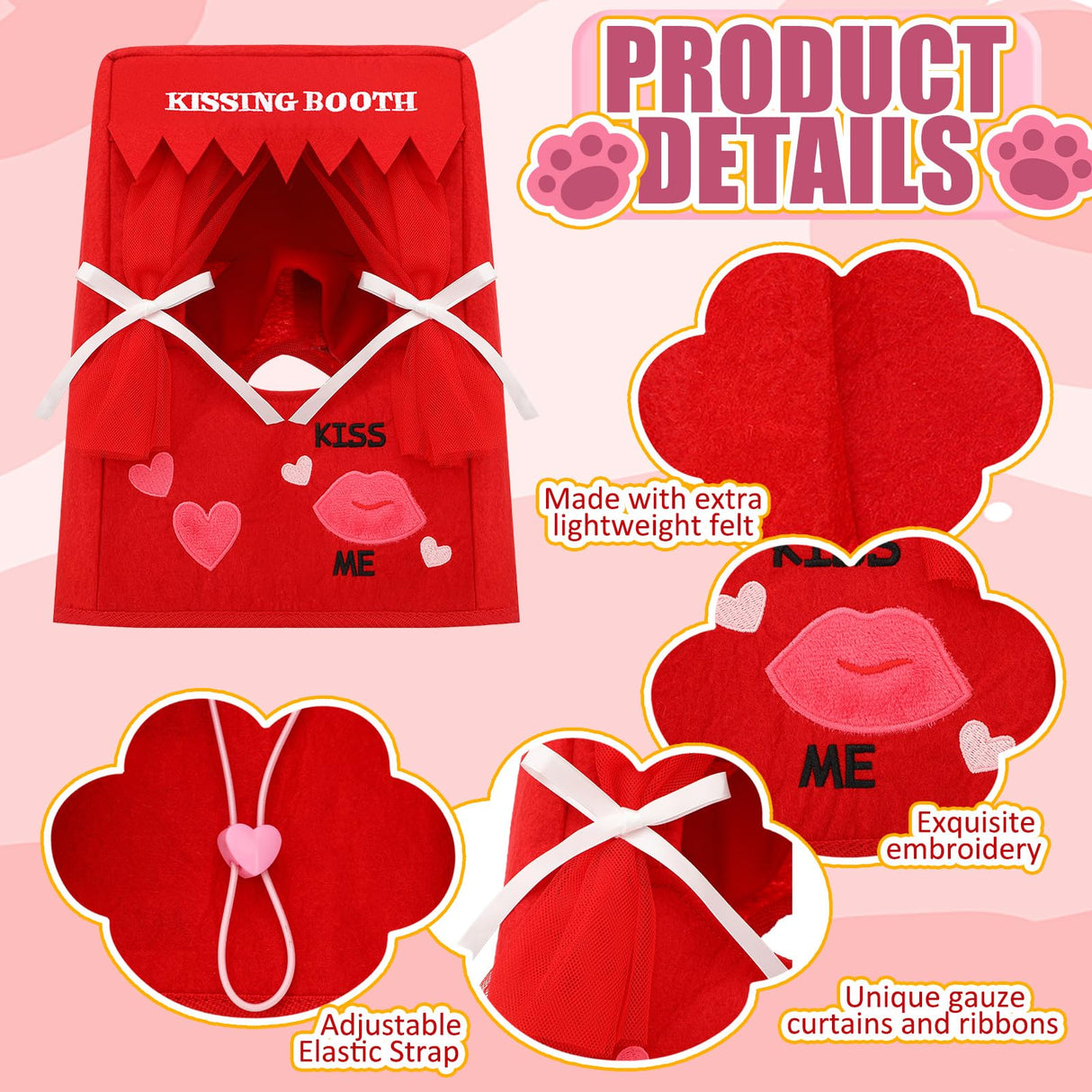 Solsew Valentine Dog Costume Kissing Booth Headpiece for Dog and Cats Cute Pup Kissing Booth Pet Headwear Costume Gift for Holiday Birthday Party(S/m)