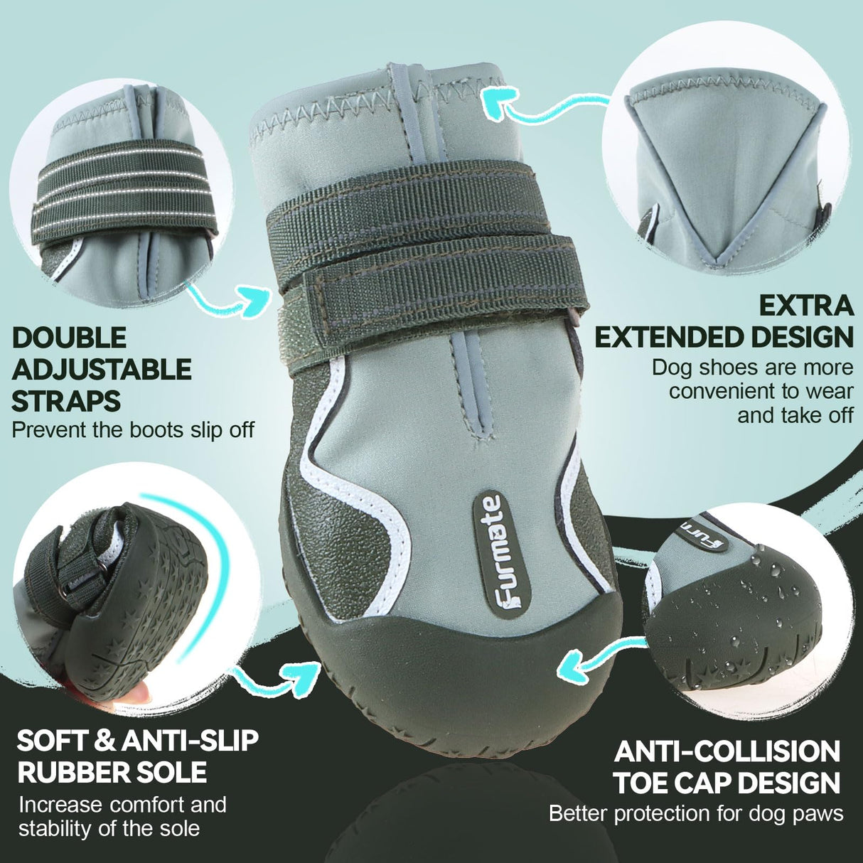 Furmate Dog Shoes for Large Small Medium Dogs,Dog Booties for Indoor Hardfloors Anti-Slip,Reflective Strip Waterproof Dog Boots & Paw Protectors for Outdoor Walking Hot Pavement,Winter Snow (Green-2)