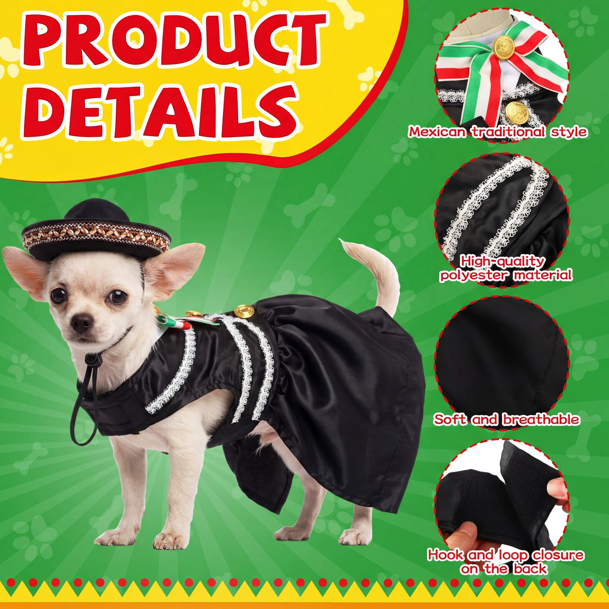Bulyoou Mariachi Mexican Costume for Dog Mexican Dog Dress and Sombrero for Chihuahua Puppy Cat Cinco De Mayo Mexico Independence Day Themed Party Pet Outfits(S,Style2,Black)