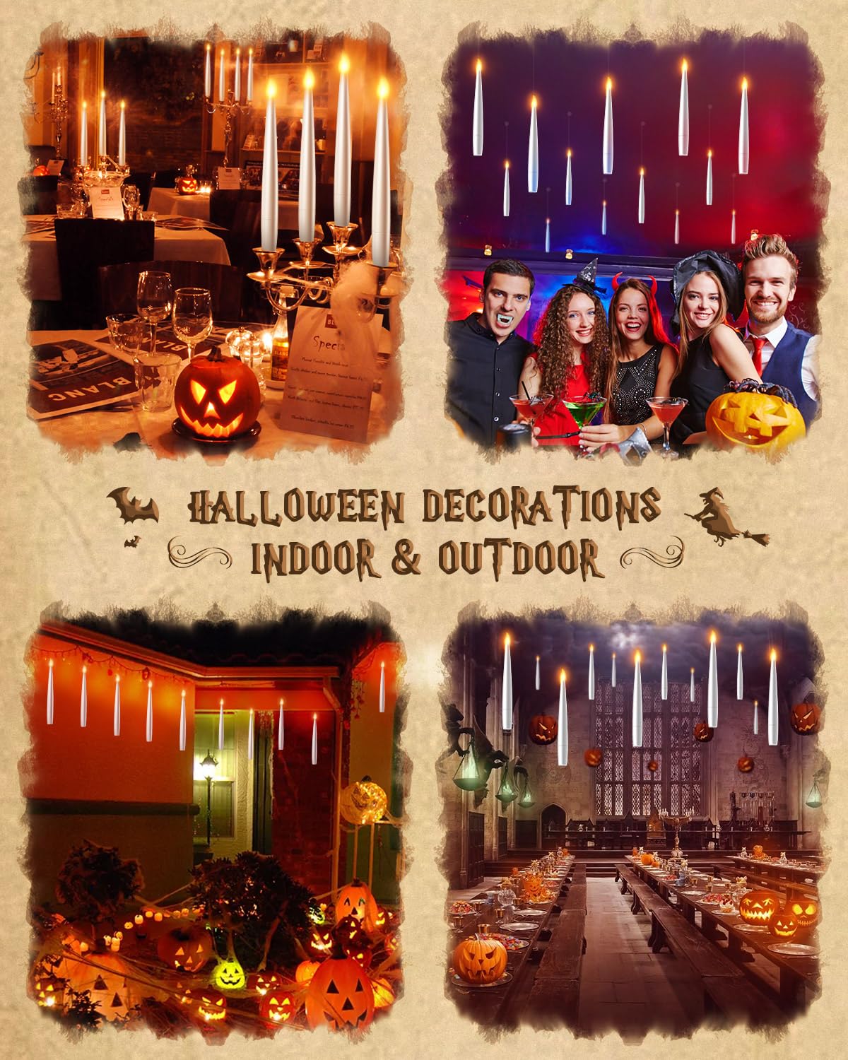 Floating Candles with Wand Remote 18PCS - Halloween Decorations Magic Hanging Candles Flickering Flameless Taper Candles with Glasses, Tie, Scarf, Battery Operated Candles for Party Christmas Decor