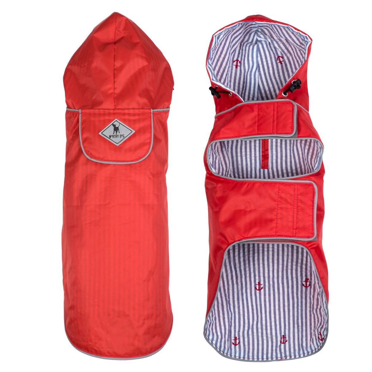 THE WORTHY DOG Seattle Slicker Dog Rain Jacket – Lightweight Water-Resistant Coat with Reflective Trim, Adjustable Fit, Hood Drawcord & Covered Harness Hole - Red, Medium