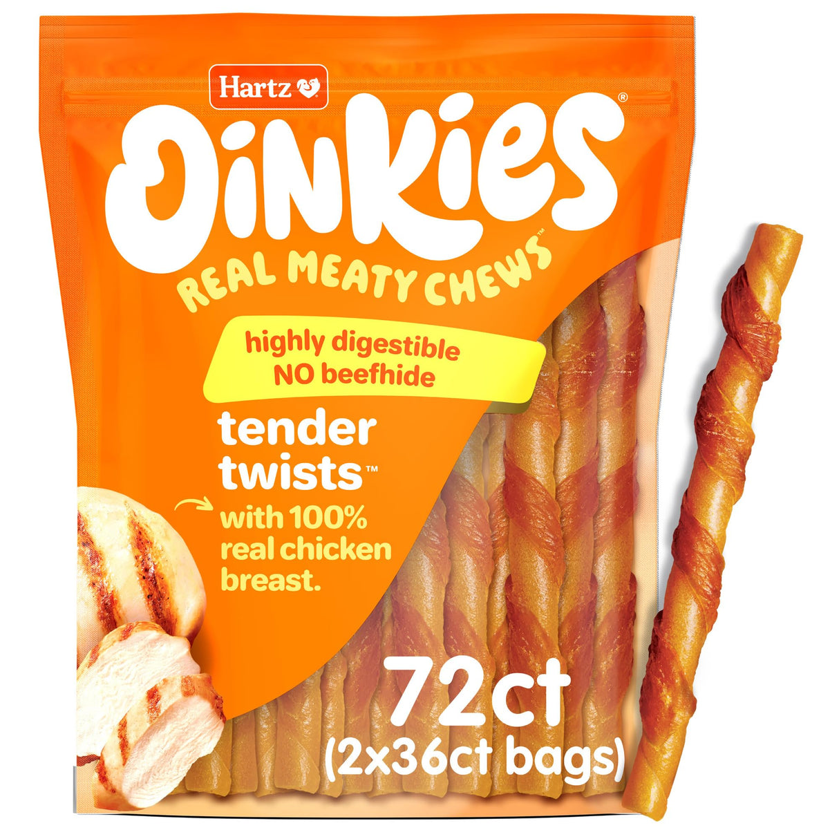 Hartz Oinkies Tender Twists with Real Chicken Breast Rawhide-Free Dog Treats, Highly Digestible Dog Chews, 72 Count