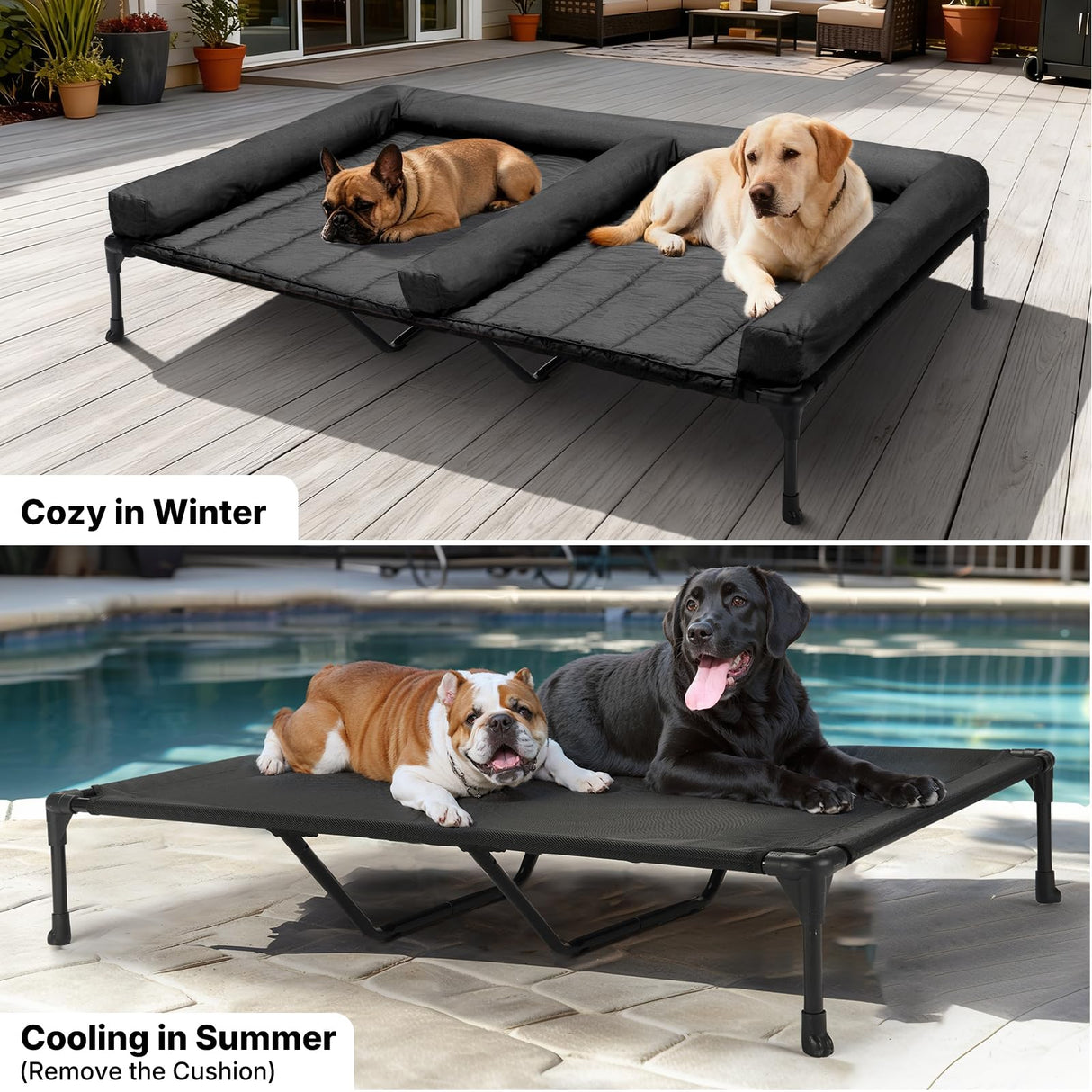 Veehoo Cooling Raised Dog Beds + Waterproof Double Dog Bed Cushion for Two Medium Dogs, Elevated Pet Cot with Removable Bolster Mat, Breathable Mesh, No-Slip Feet, Pets Couch Bed, 59x37.5inches, Black