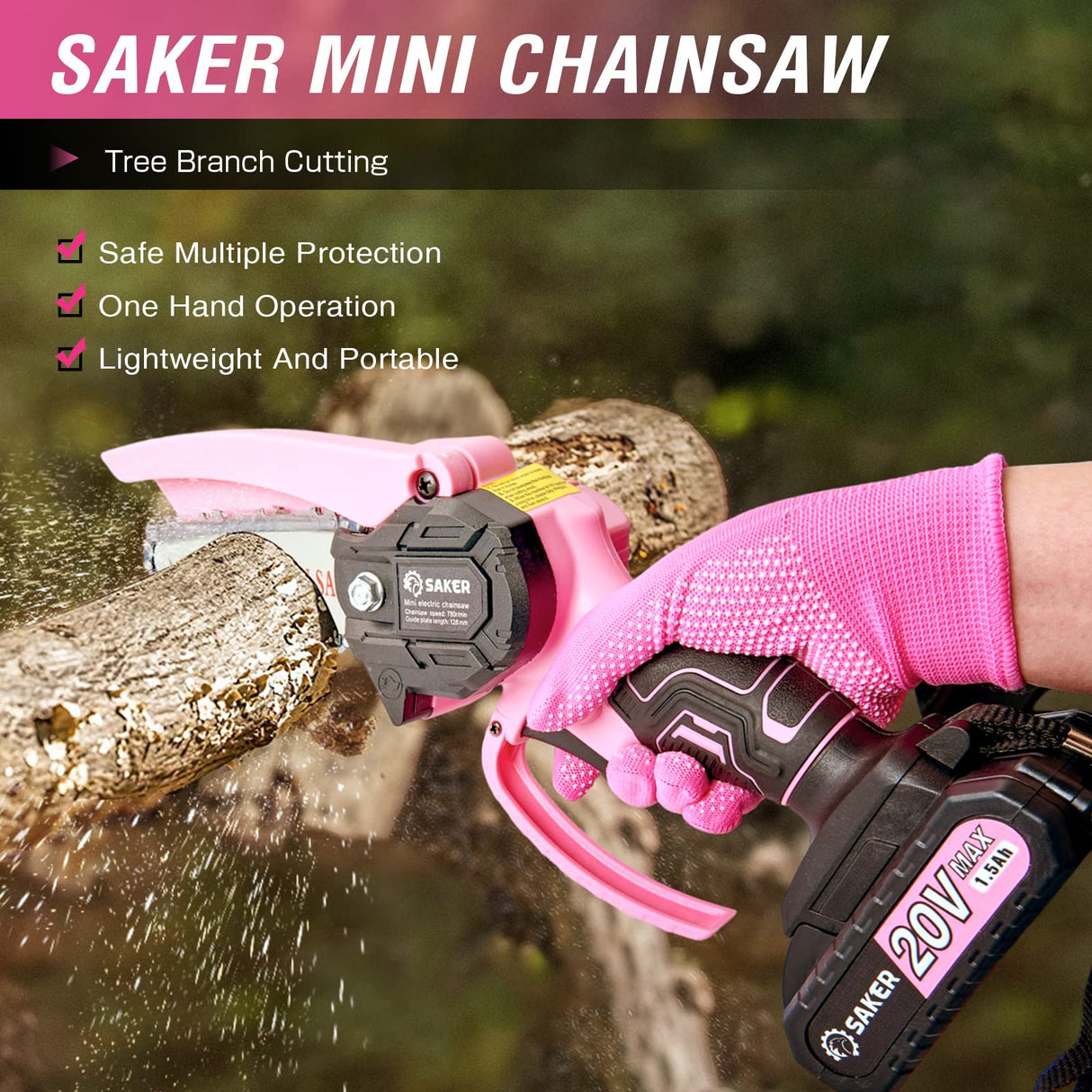 Saker Mini Chainsaw,Portable Electric Pink Mini Chainsaw Cordless,Handheld Chainsaw for Tree Branches,Courtyard, Household and Garden,By 2PCS 20V 1500mAh Batteries and 3 PCS Chains