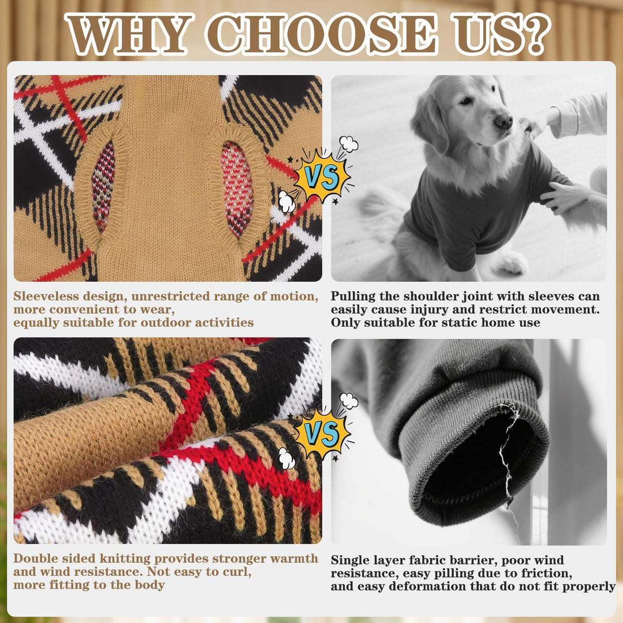 EXPAWLORER Fall Dog Sweater for Small Medieum Large Dogs, Knitted Pullover Turtleneck Cold Weather Classic Plaid Pet Clothes Sweatshirt Outfits for Winter, Girl/Boy Knitwear with Leash Hole Beige ML