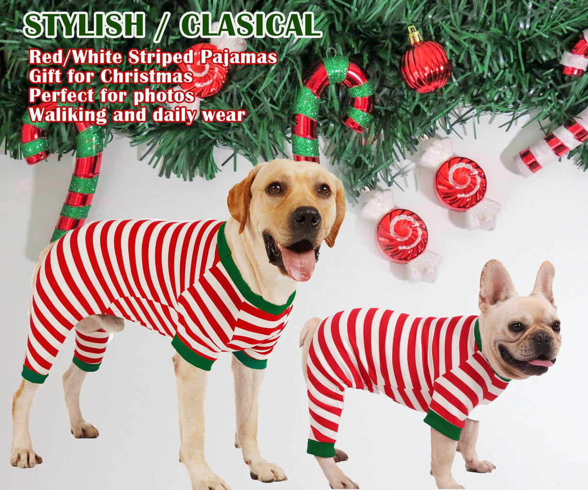 Sychien Dog Christmas Pajamas Small,Red and White Striped Pjs for Boy Girl Dogs,Thermal Warm Cotton Holiday Jumpsuit for Big Dog,XS