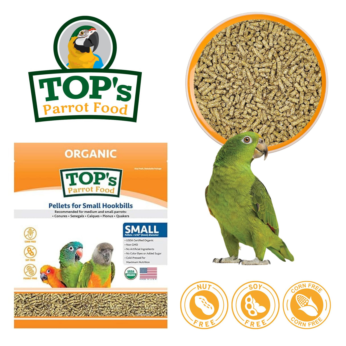 TOP's Parrot Food Bird Pellets for Small Hookbills - Non-GMO, Peanut Soy & Corn Free, USDA Organic Certified (4lbs)