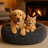 Calming Dog Bed - Fluffy Donut Cuddler for Anxiety Relief, Orthopedic Pet Bed with Non-Slip Bottom, Cozy Round Faux Fur Nest for Dogs and Cats, Plush Crate Mat for Comfort (Dark Grey, Medium)
