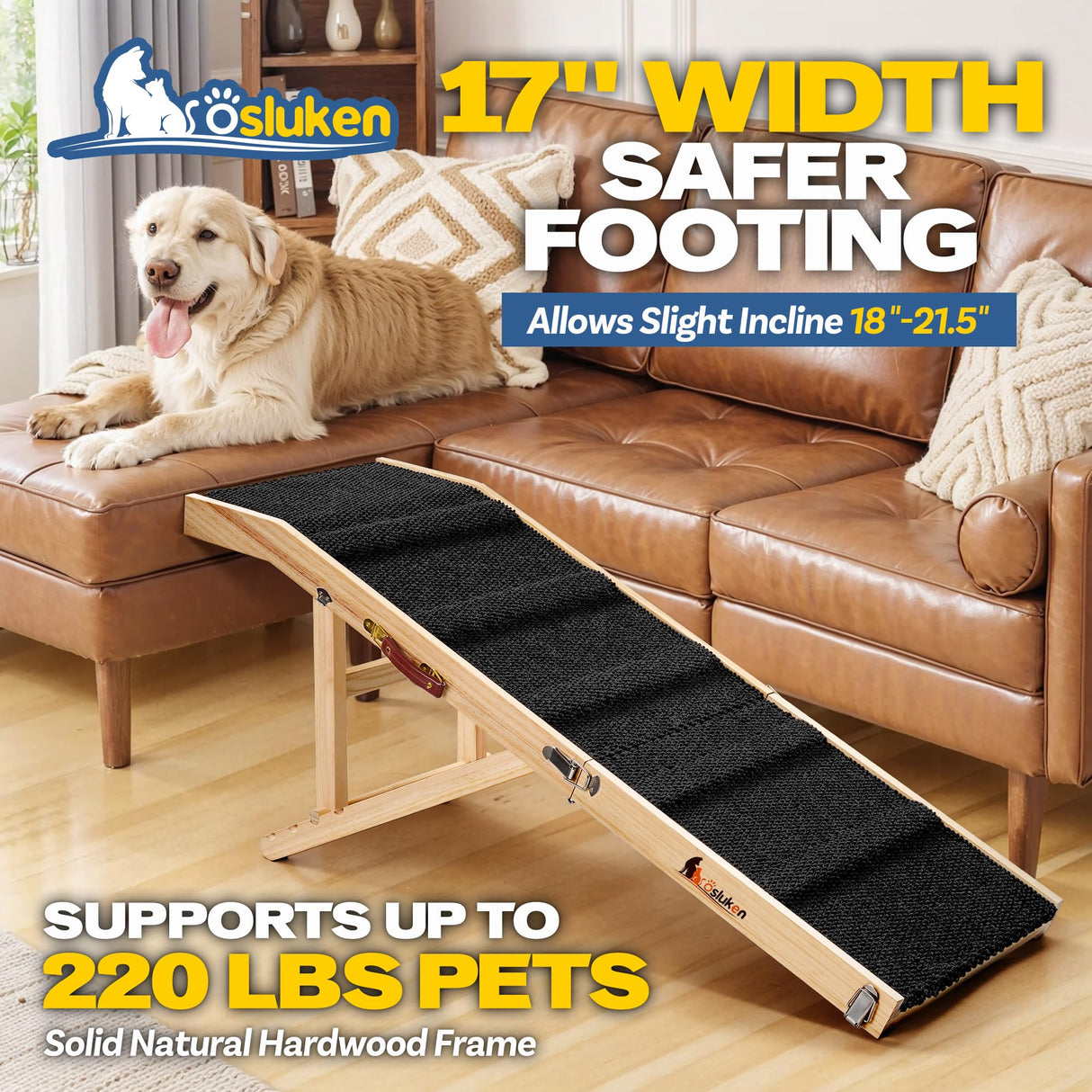 Dog Ramp for Couch, 49" Long Foldable Pet Ramp for Small Large Dogs, Dog Ramps for Bed, High Traction with Platform 6 Adjustable Heights 18" to 21.5" Up to 220LBS, Black