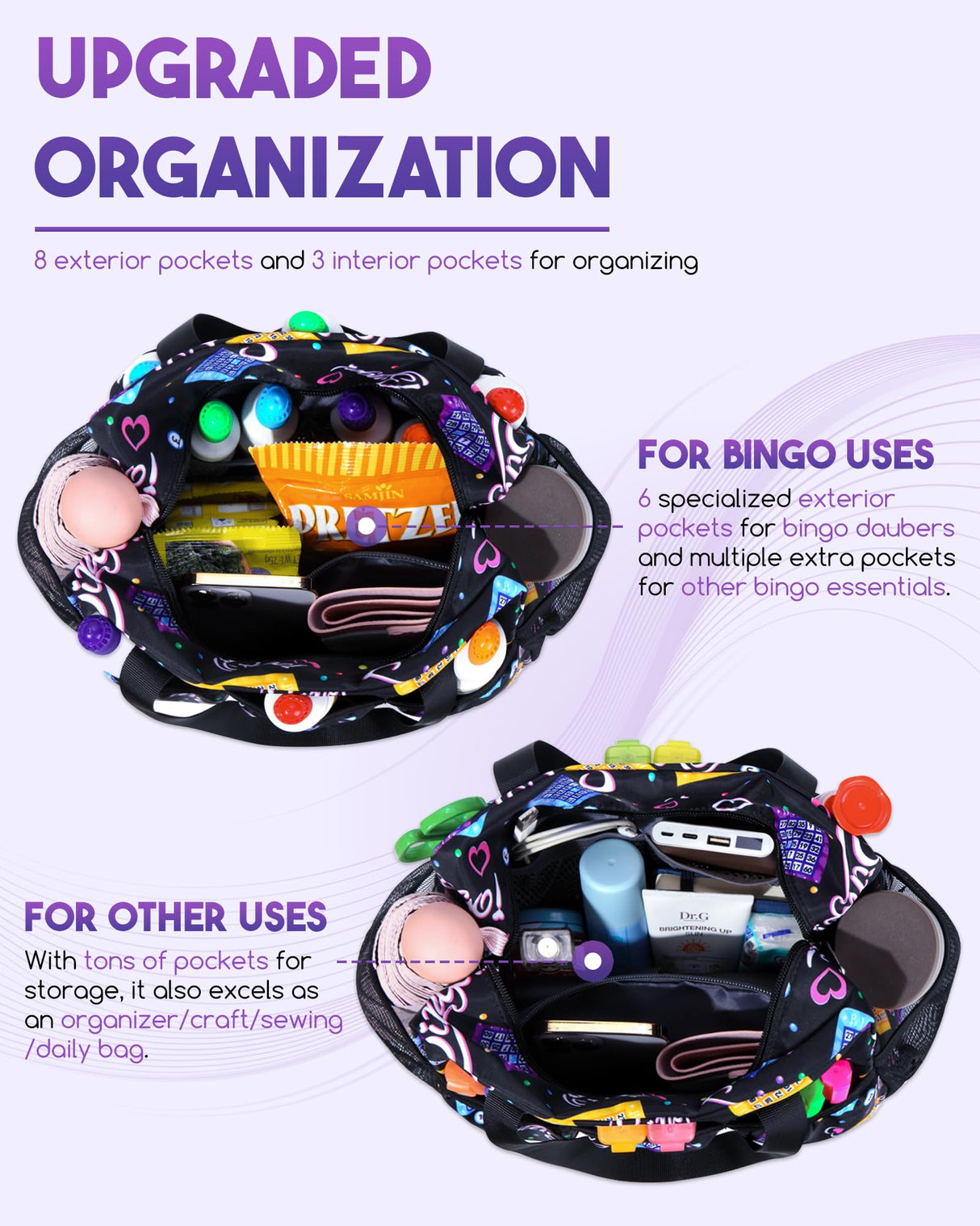 Bingo Bag with Pockets for Bingo Daubers Dabbers Dobbers Black Bingo Bag for Bingo Stuff Supplies Bingo Game Accessories for Bingo Lovers Players Bingo Prizes for Adults Seniors Elderly Juego de Bingo