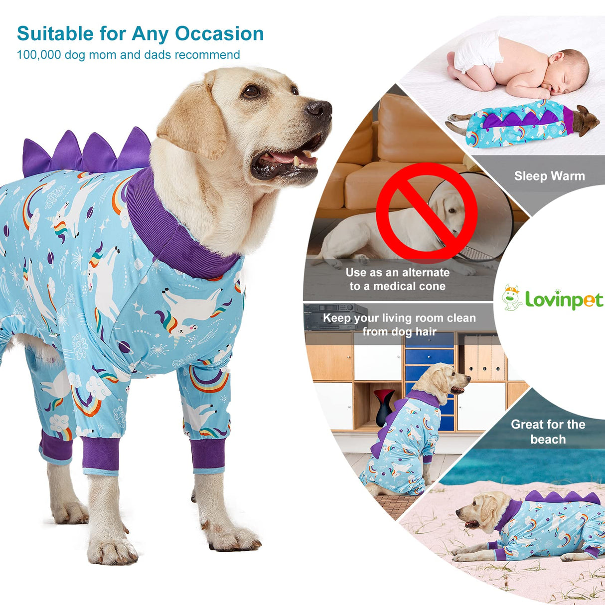 LovinPet Pet Clothes Large Dog, Anti Licking Dog Recovery Clothes, Lightweight Onesie, Starlight Rainbow/Wild Horse Prints American Bully Pajamas, UV Protection, Adorable pet PJ's/Large