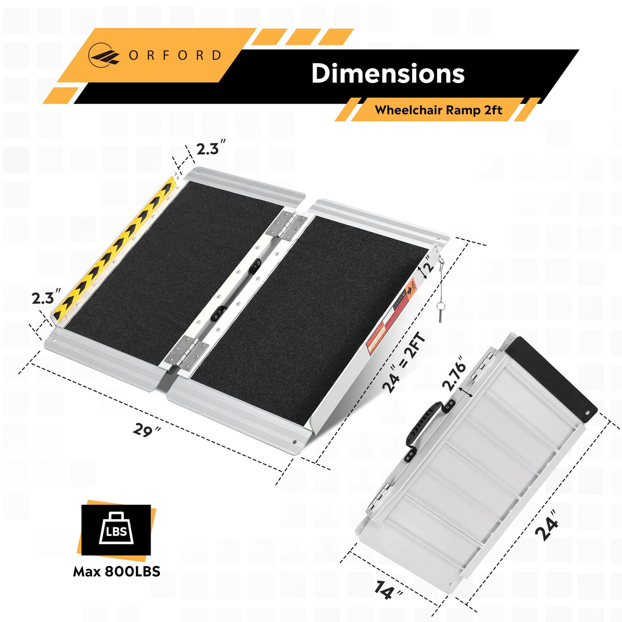 ORFORD Non-Skid Foldable Wheelchair Ramp 2FT, Threshold Ramp with a Non-Slip Surface, Portable Aluminum Foldable Mobility Scooter Ramp, for Home, Steps, Stairs, Doorways, Curbs