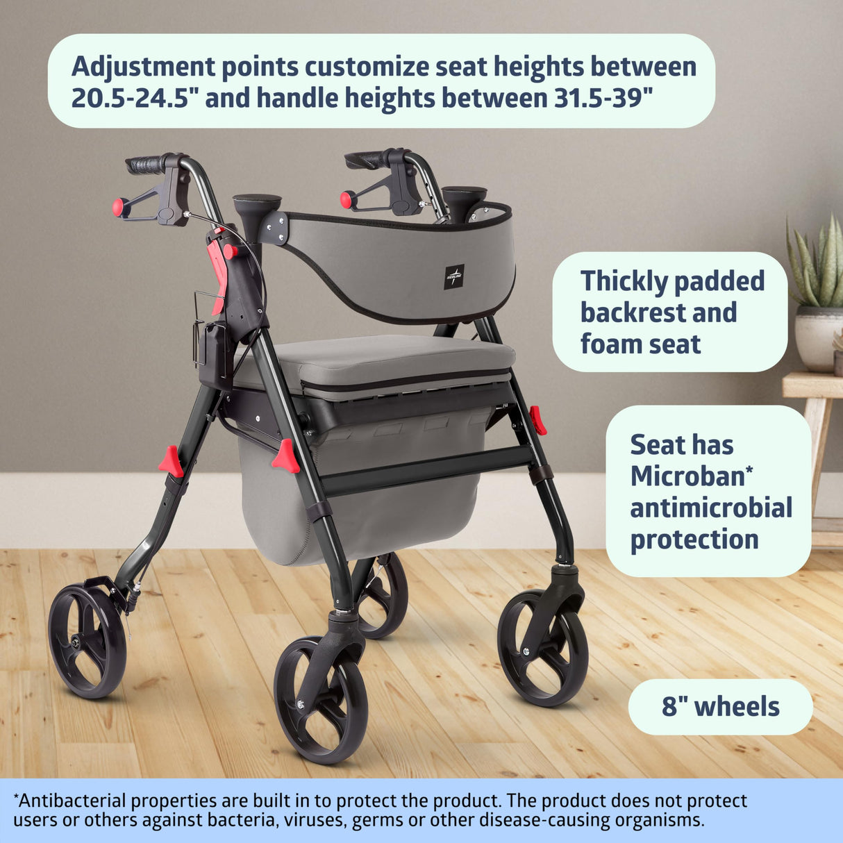 Medline Premium Empower Rollator Walker with Seat, Comfort Handles and Thick Backrest, Folding Walker for Seniors, Microban Protection, 8" Wheels, Black Frame