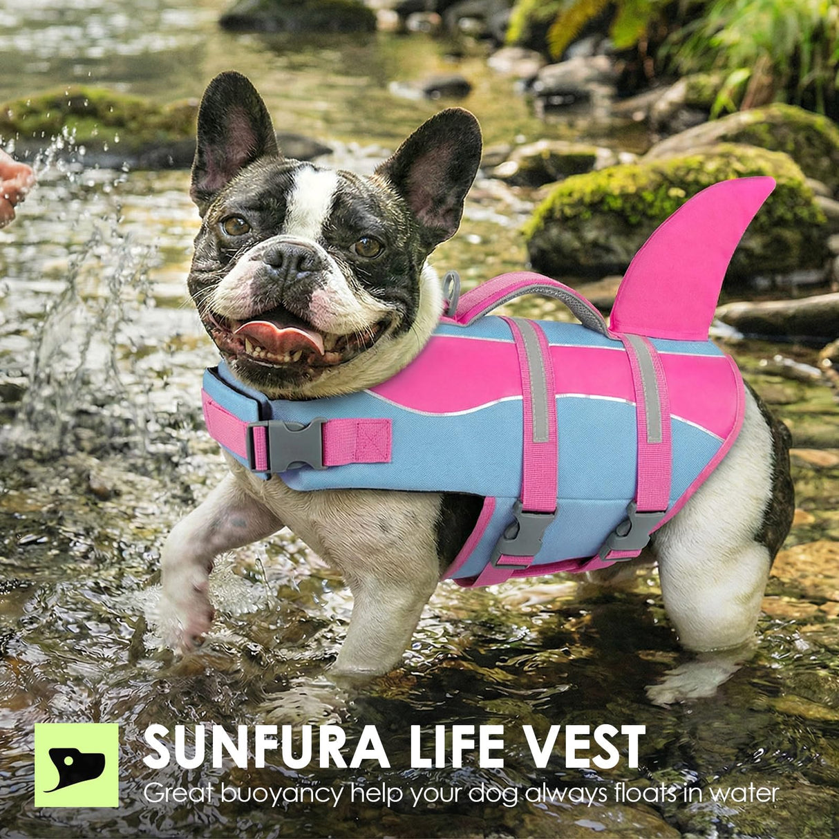 SUNFURA Dog Life Jacket - Shark Dog Life Vest for Swimming Boating, Reflective Lifejacket with High Buoyancy and Rescue Handle, Adjustable Lifesaver for Small Medium Large Breeds, Blue Pink M