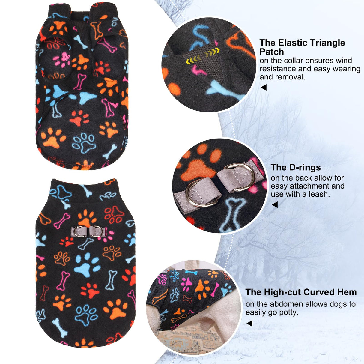 BEAUTYZOO Small Dog Sweater Fleece Vest Winter Jacket, D-Ring Leash Attachment for XS S Puppy Medium Sized Breeds Dogs, Cold Weather Dog Clothes Windproof Keep Warm, Black Bones Paw L