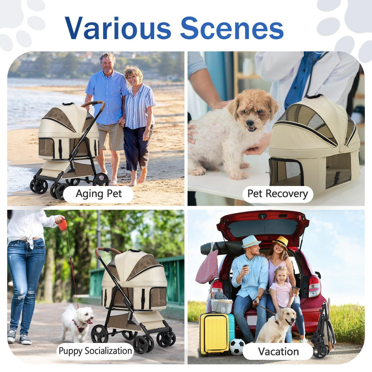 4 Wheels Pet Stroller for Small/Medium Dogs and Cats,Dog Stroller with Detachable Carrier and Storage Basket,One Click Folding, Compact Portable,Up to 50lbs,3 in1 Multifunctional(Khaki)