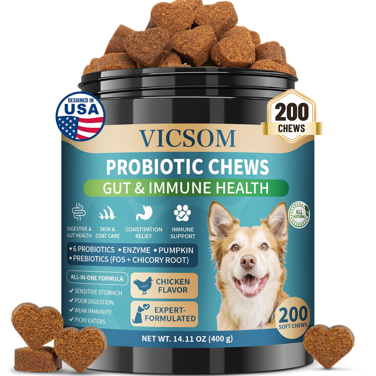 Dog Probiotics for Dogs, 200 Soft Probiotics Chews for Dogs Digestive Health Gut Health & Immune System, with 6 Probiotics & Digestive Enzymes, Support Itchy Skin, Constipation & Diarrhea Relief