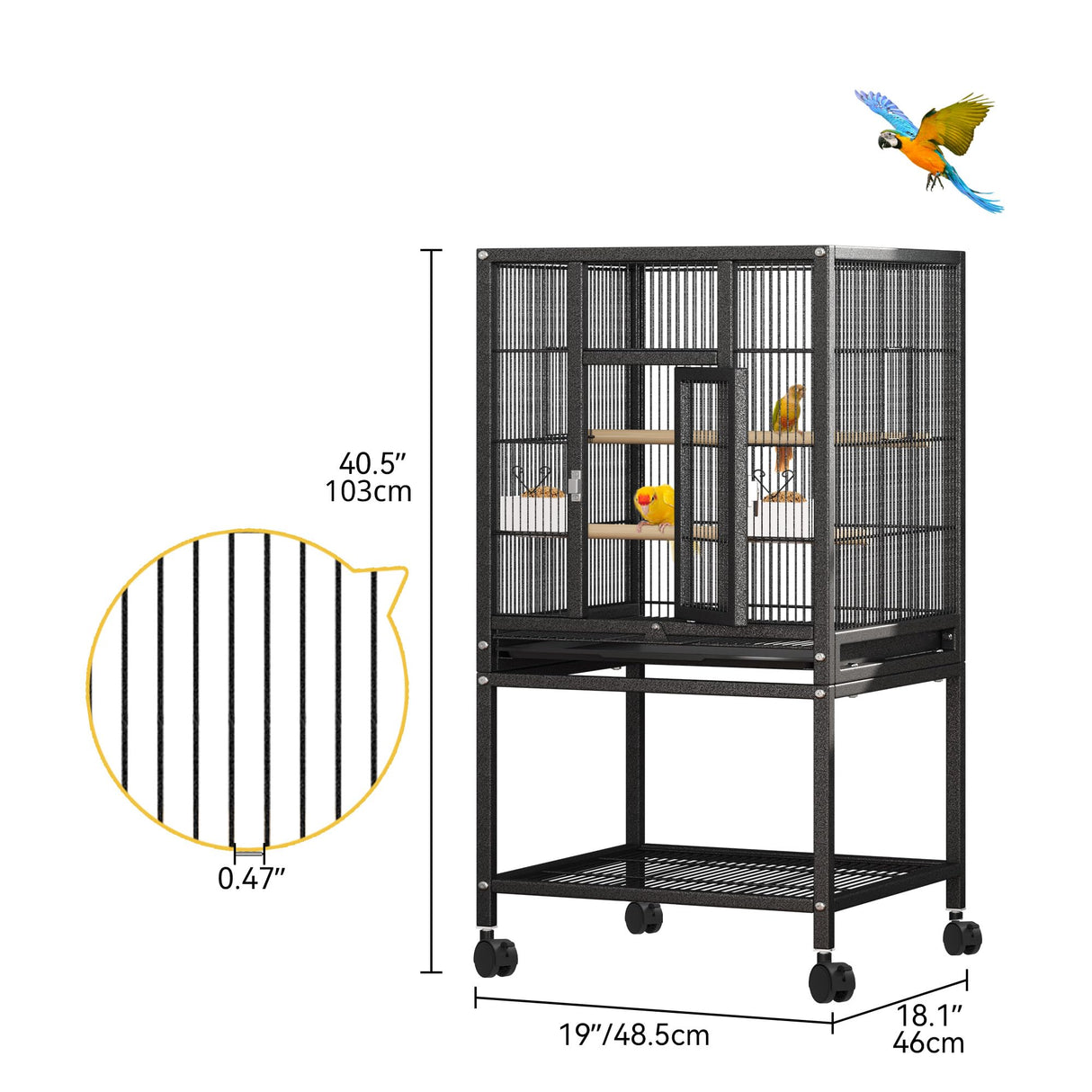 DWVO 41-inch Metal Bird Cage: Large Parrot Cages with Rolling Stand - Features Tray, Food Boxes & Wooden Perches for Parakeets, Lovebirds, Cockatiels, Finches and Pigeons, Black