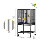 DWVO 41-inch Metal Bird Cage: Large Parrot Cages with Rolling Stand - Features Tray, Food Boxes & Wooden Perches for Parakeets, Lovebirds, Cockatiels, Finches and Pigeons, Black