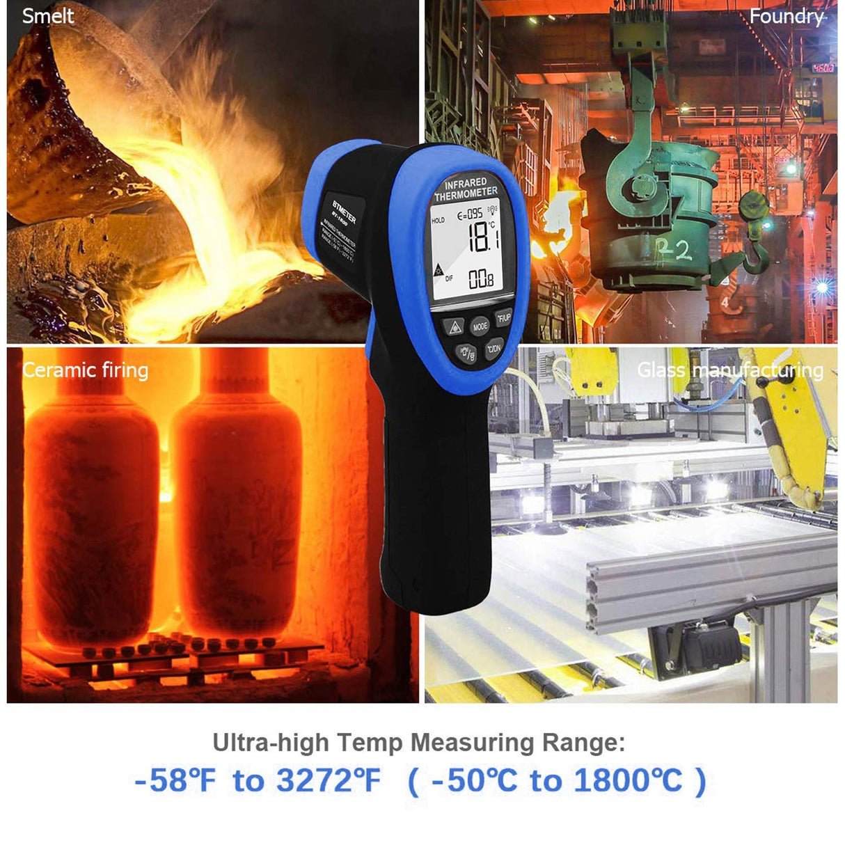BTMETER BT-1800 Non Contact Pyrometer High Temperature Infrared Thermometer Gun -58°F ~3272°F (-50~1800℃) DS 50:1 for Metal Melting Furnace Forge Kiln Tempe Tester-blue(NOT for Human Temp)
