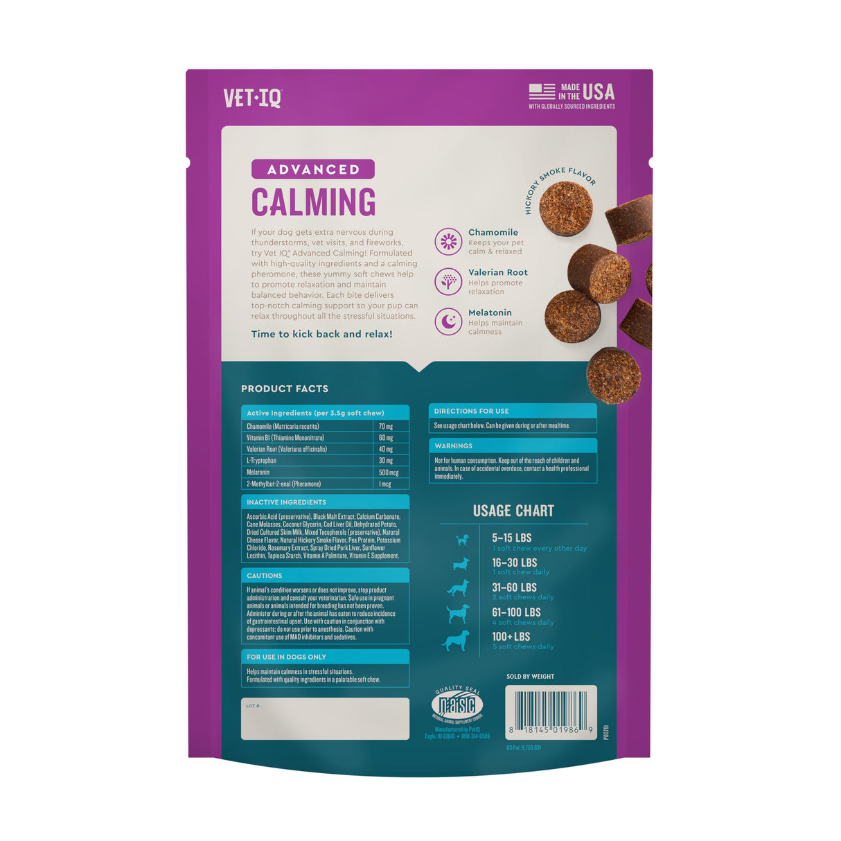 VetIQ Advanced Calming Support Supplement for Dogs, Dog Calming Chews - Anxiety Relief Treats Stress and Promote Relaxation, Made in The USA, 60 Count