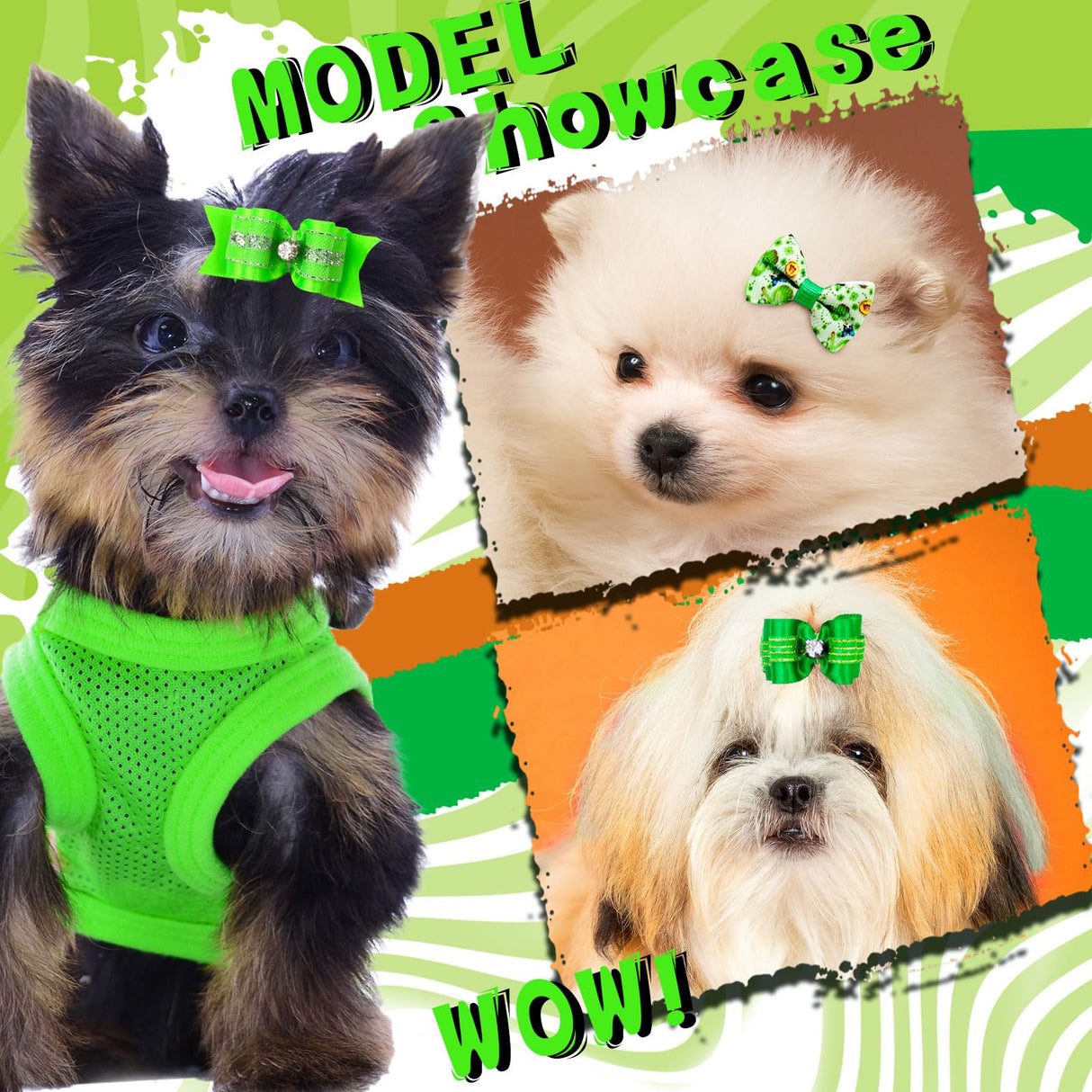 Mruq pet 80pcs St.Patrick's Day Dog Bows, Holiday Pet Dog Hair Grooming Bows with Rubber Bands, St.Patrick's Day Green Lucky Clover Element Dog Hair Bows for Dog Puppy Yorkie Hair Accessories