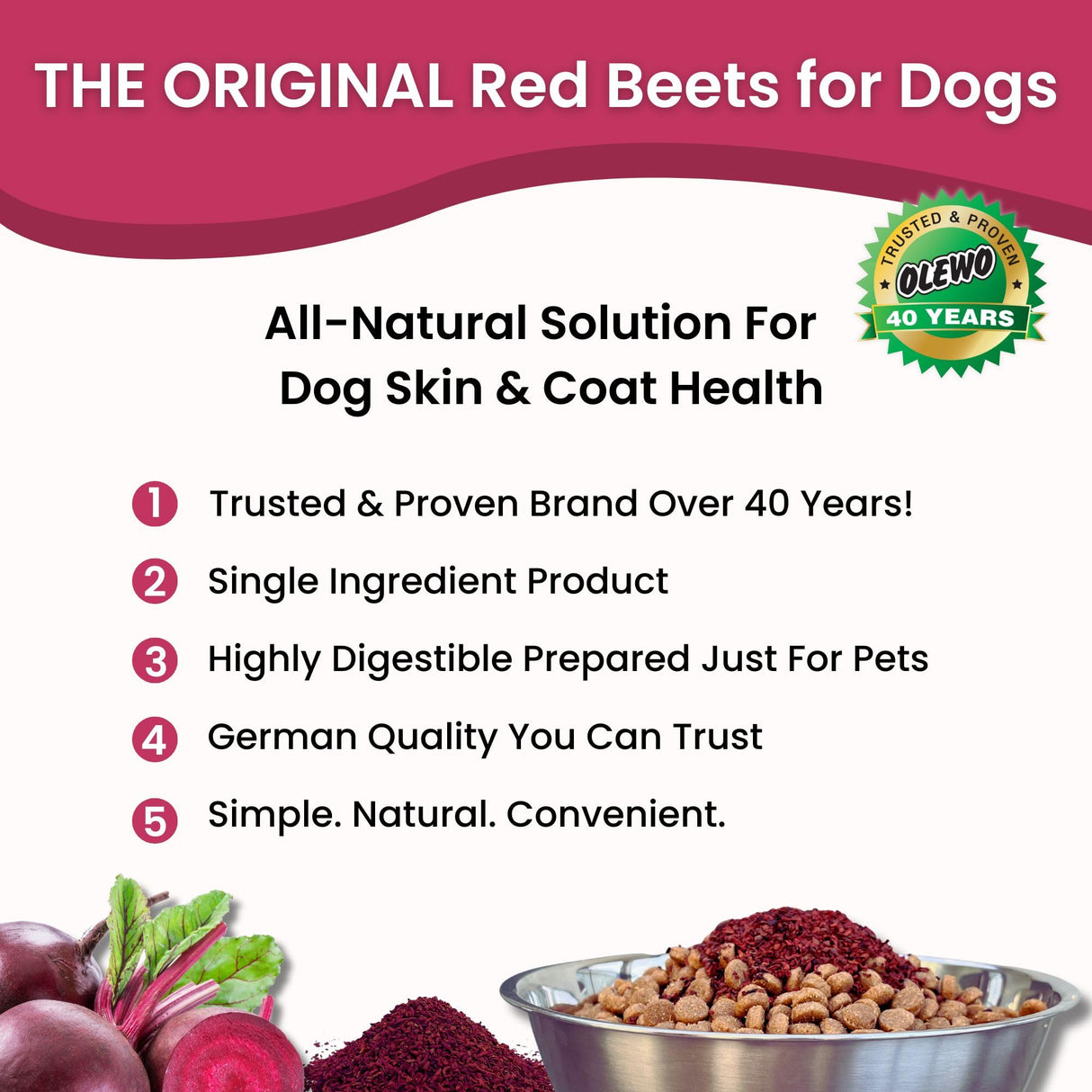 Olewo Original Red Beets Dog Food Topper – Natural Anti Itch, Immune, Cleansing, Skin & Coat Support, Dehydrated Whole Food Multivitamin, Fiber for Dogs, 1 lb
