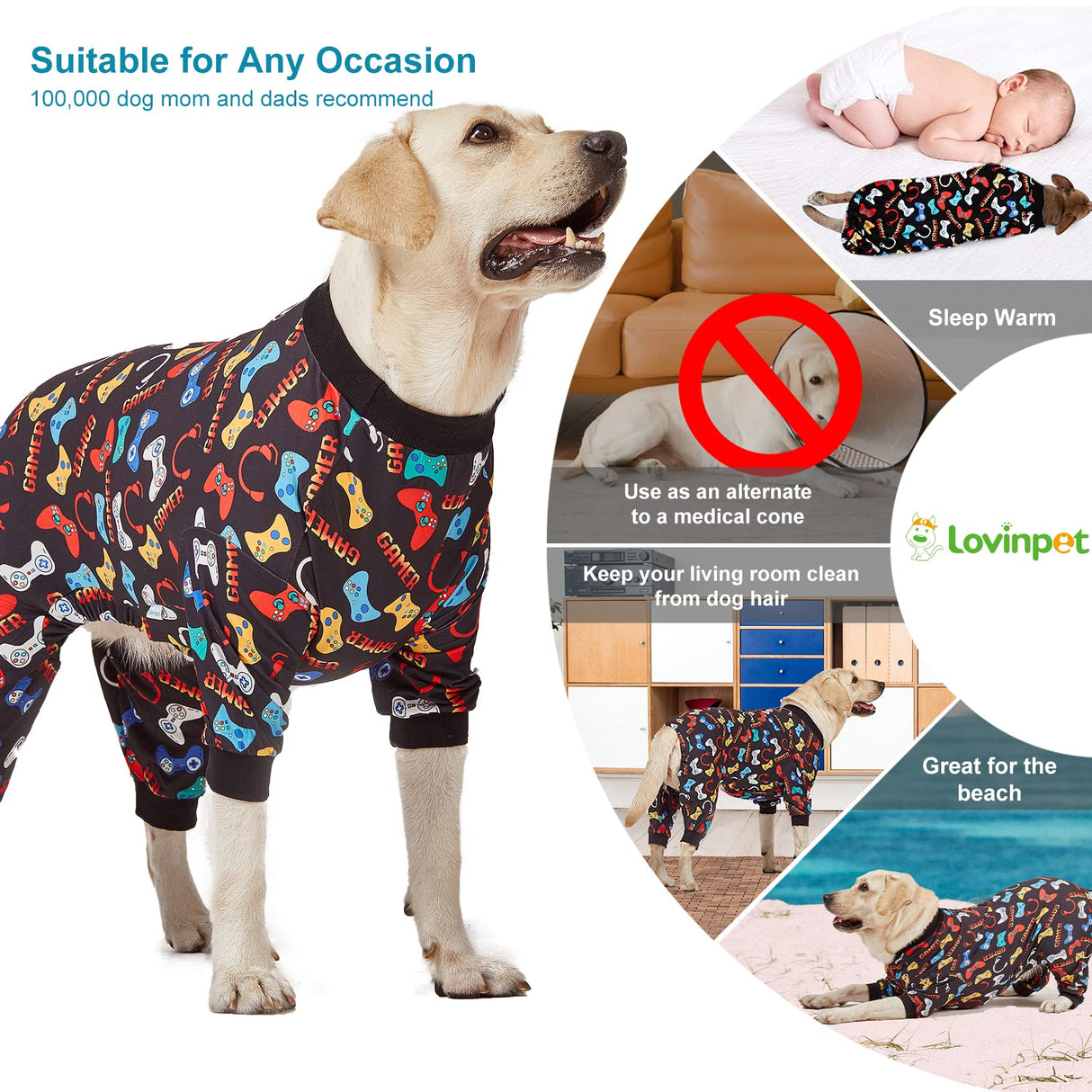 LovinPet Large Dog Pajamas, Game Console Print,UV Protection, Wound Care/Post Surgery Dog Clothes, Pet Anxiety Relief, Lightweight Stretchy Pitbull Pullover Shirt, Onesies for Dogs, Pet PJ's/Medium
