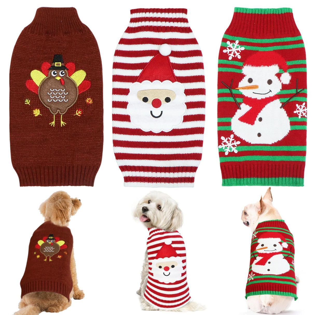 3 Pack Dog Thanksgiving Christmas Sweater, GOYOSWA Dog Thanksgiving Christmas Outfit Holiday Turkey Santa Snowman Knitted Holiday Sweaters for Small Medium Large Dogs Pets (Medium)
