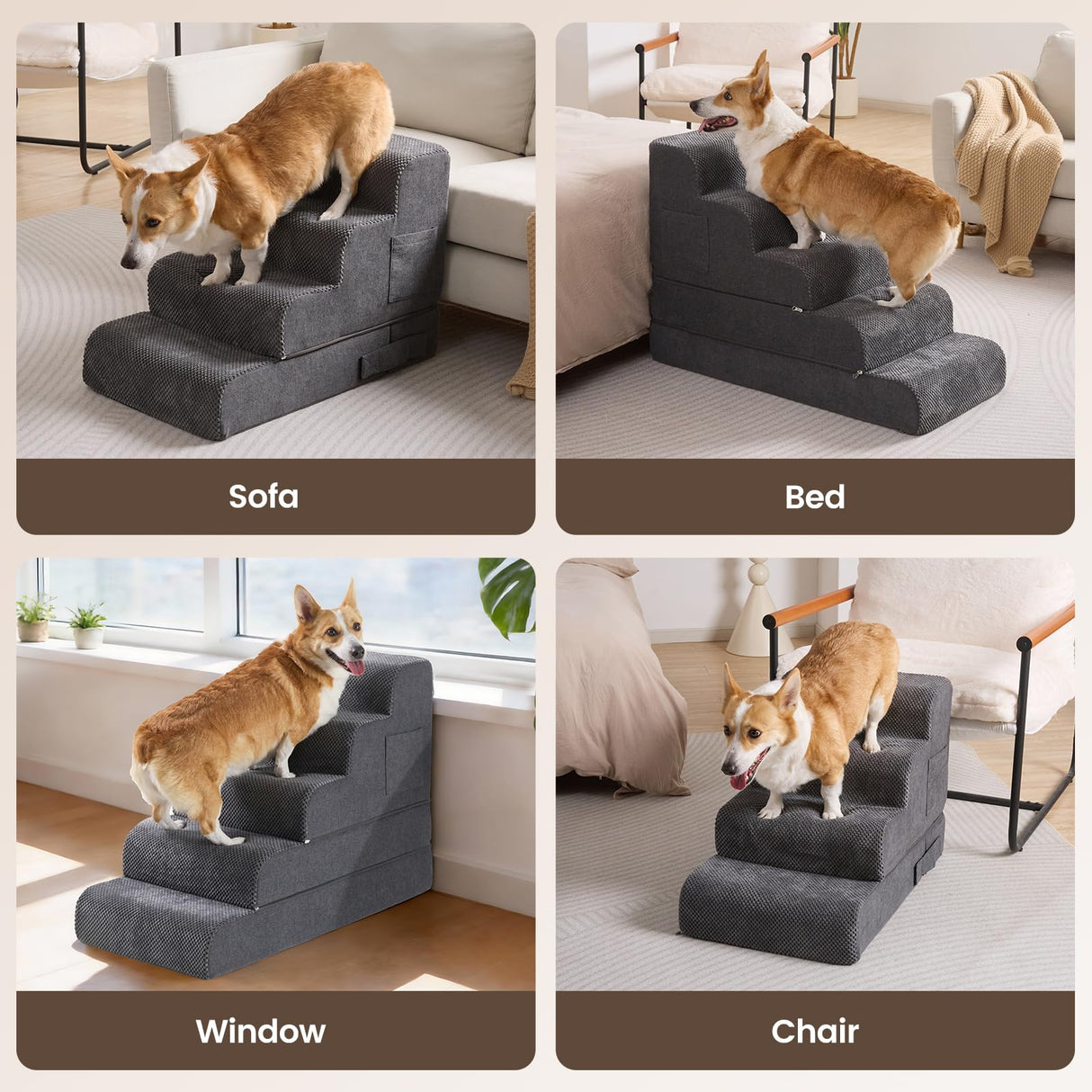 Dog Stairs for Small & Medium Dogs, 5-Step Dog Steps for Bed & Couch, High-Density Foam Pet Stairs for High Beds, Non-Slip Indoor Pet Ramp, Washable Cover, Fits Beds up to 22.6", Grey
