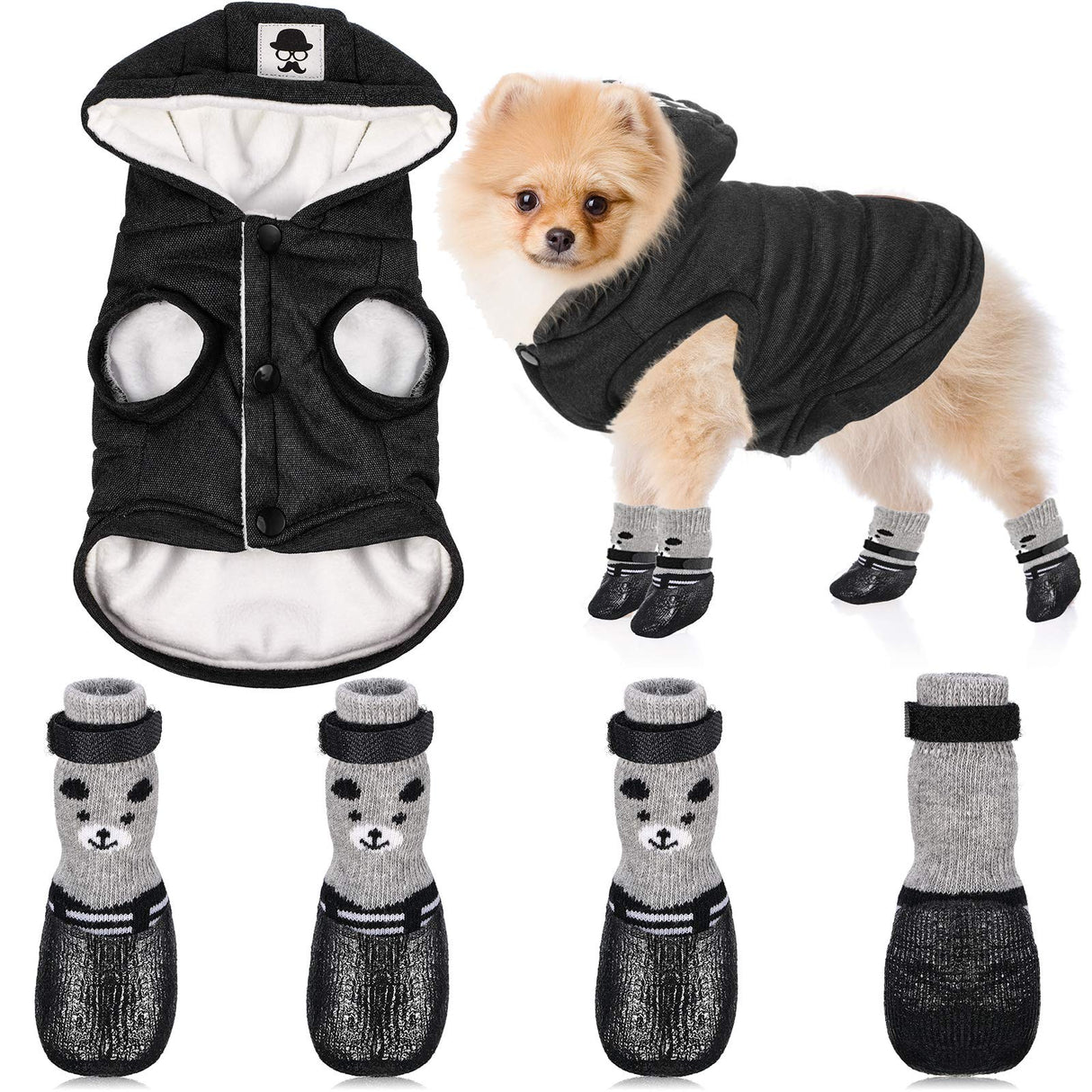 Winter Dog Coat Warm and Cat Boots Shoes Socks Waterproof Puppy Jacket Small Dog Booties Paw Protectors Stylish Hooded Coat for Puppy(Black,L)