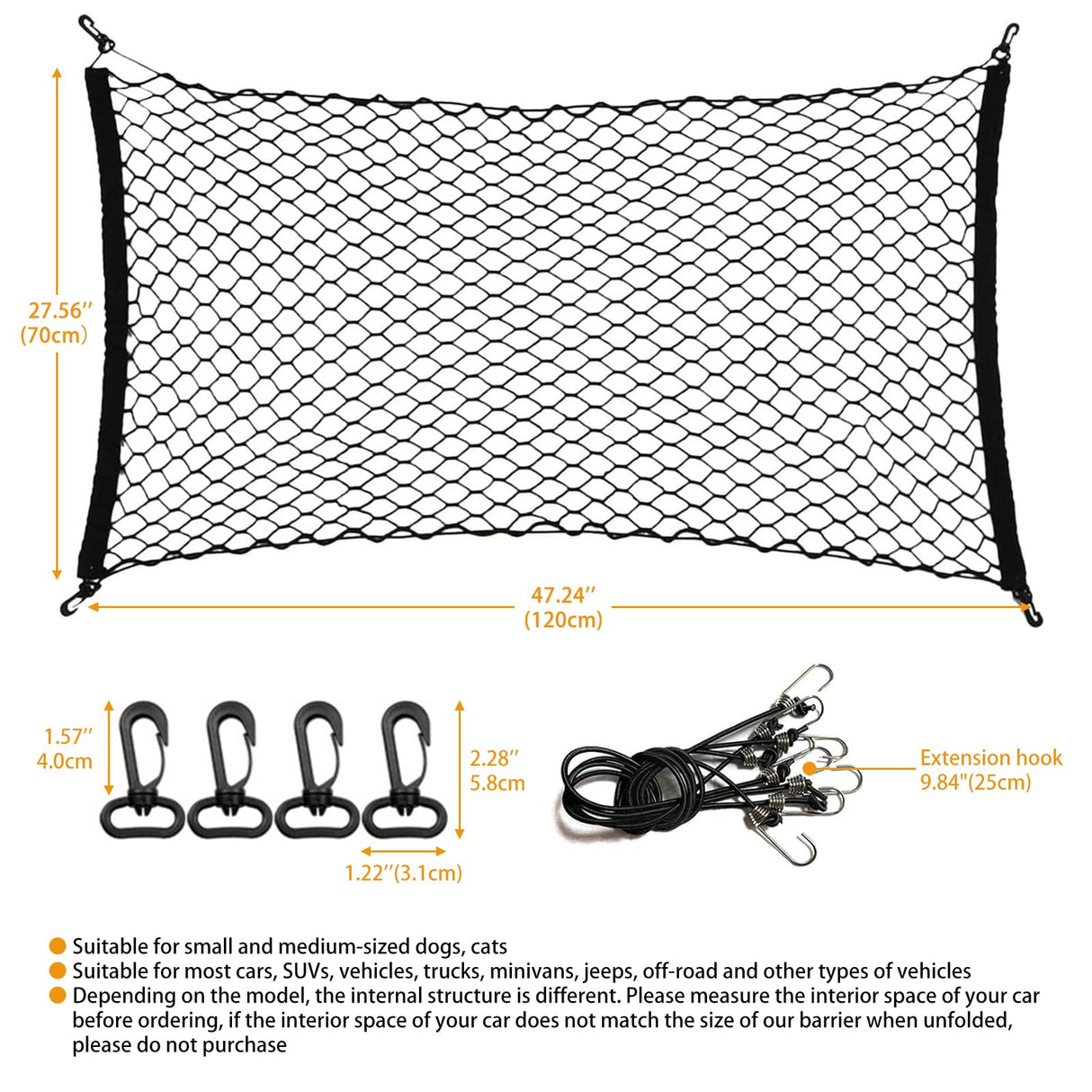 Dog Barrier for Car SUV, 47" Dogs Net with Metal Hooks, Stretchable Mesh Cargo Net, Car Divider Dog Gate for Driving Safely with Children & Pets, Universal for Trucks, SUV