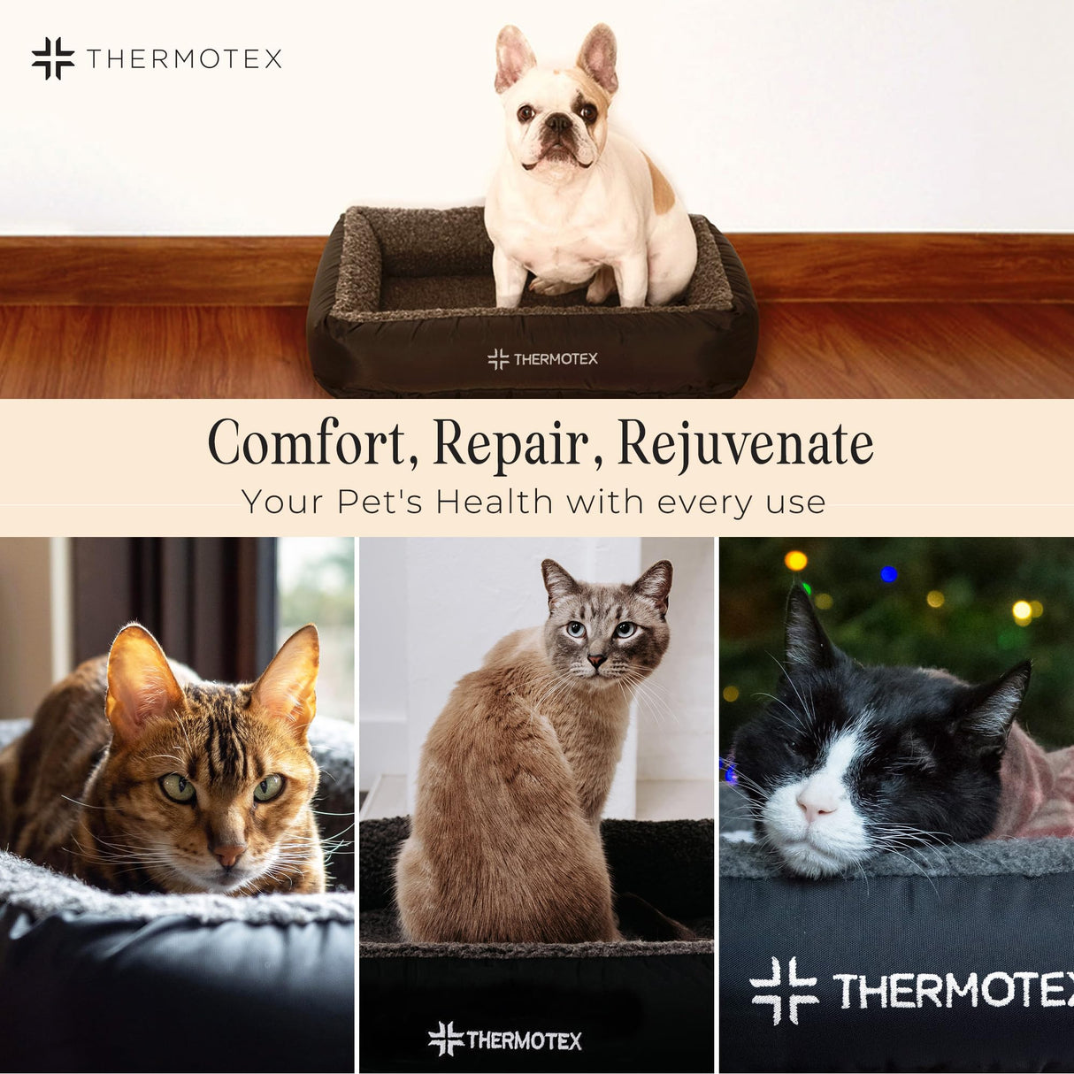 Thermotex Far Infrared Heated Pet Bed - Heated Cat & Dog Bed for Pain Relief & Arthritis - Therapeutic Heat Pad for Elderly Pet Support & Relaxation - Machine Washable