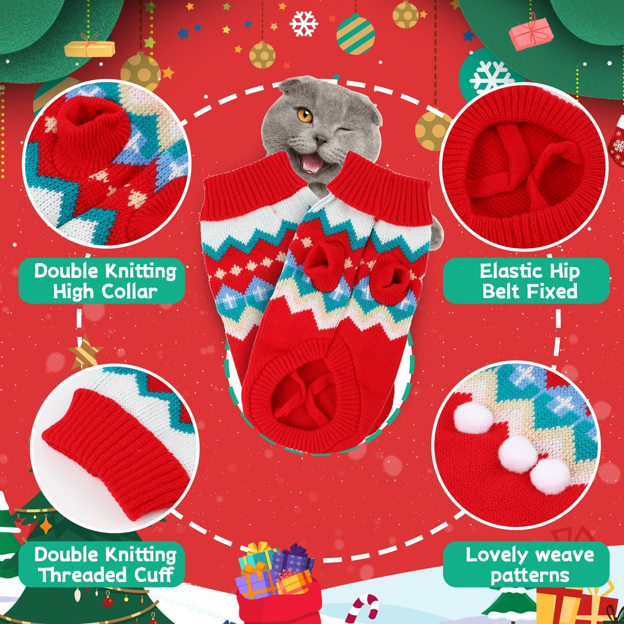 2 Packs Cat Christmas Sweater Pet Cute Knitwear Warm Winter Clothes for Kittys and Small Dogs (Medium)