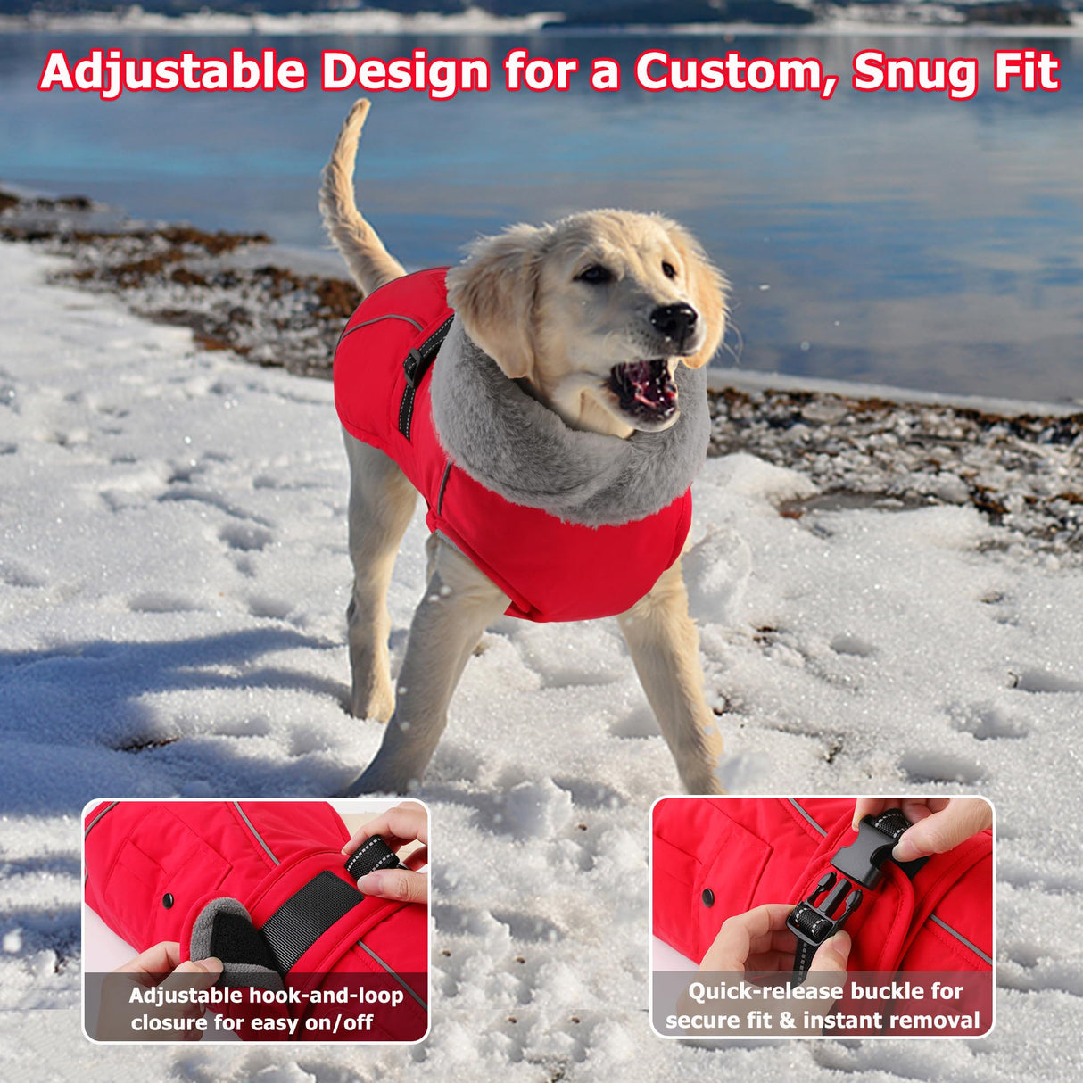 Dogcheer Dog Coat with Pocket, Waterproof Dog Jacket with Adjustable Buckle, Reflective Puppy Winter Coat Warm Turtleneck Fleece SnowJacket for Small Medium Large Dogs - Red L