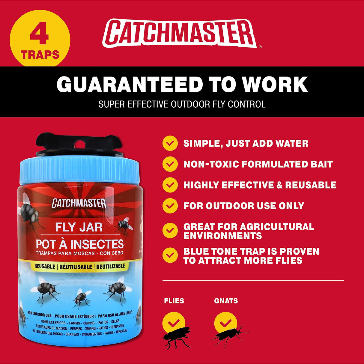 Catchmaster Reusable Fly Traps Outdoor Jar 4-Pack, Bug Catcher and Flying Insect Trap with Natural Attractant for Pest Control, Pet Safe, Non Toxic Bulk Fly Bait Traps
