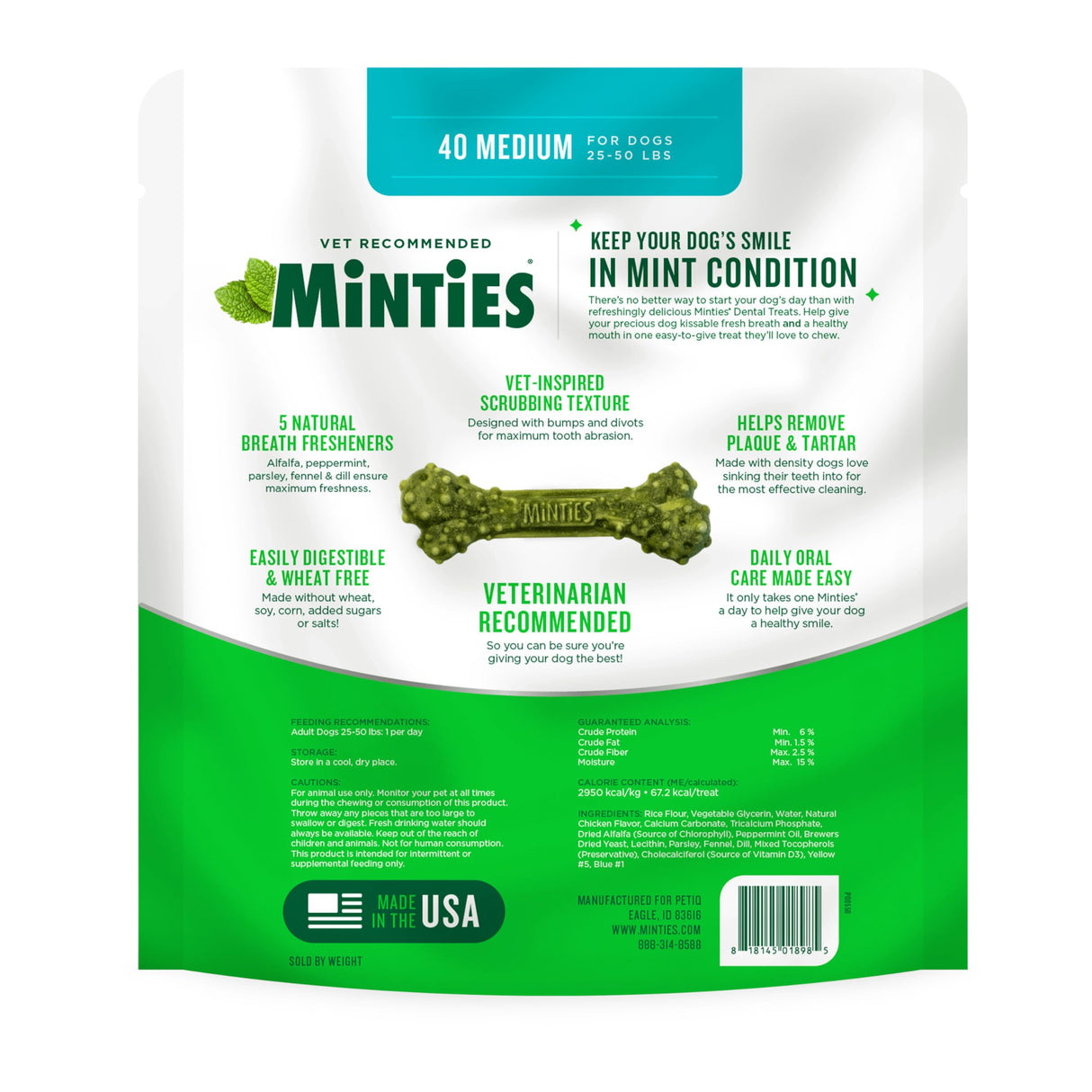 Minties Dental Chews for Dogs, 40 Count, Vet-Recommended Mint-Flavored Dental Dog Treats for Medium Dogs, Bones Clean Teeth, Fight Bad Breath, and Removes Plaque and Tartar