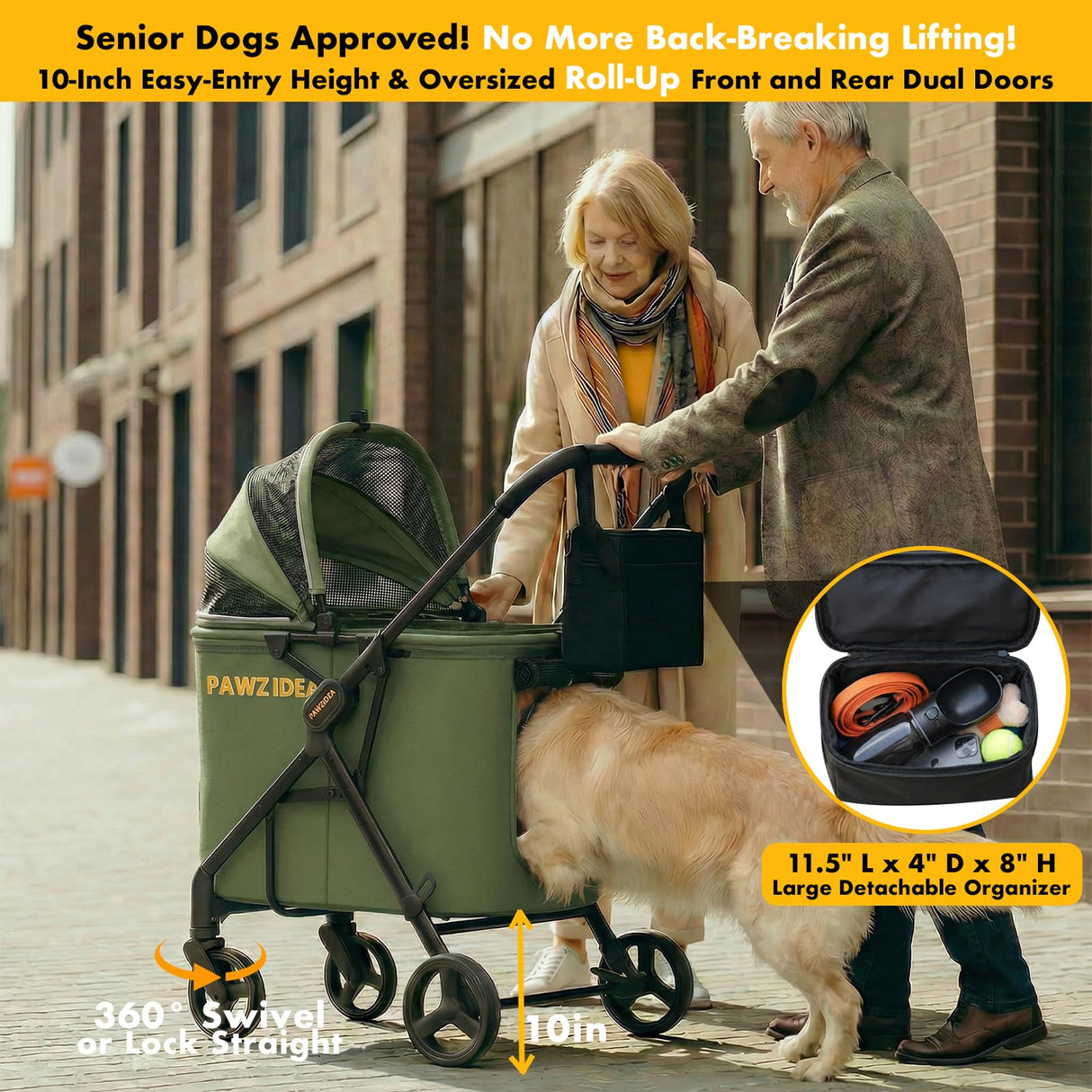 PAWZIDEA Large Dog Stroller up to 80 lbs, No-Zip 180° Reversible Canopy Lockable, Heavy Duty Pet Stroller for 2 Medium Dogs One-Hand Foldable, Low-Entry, All-Terrain Jogger Wheels, Storage Organizer