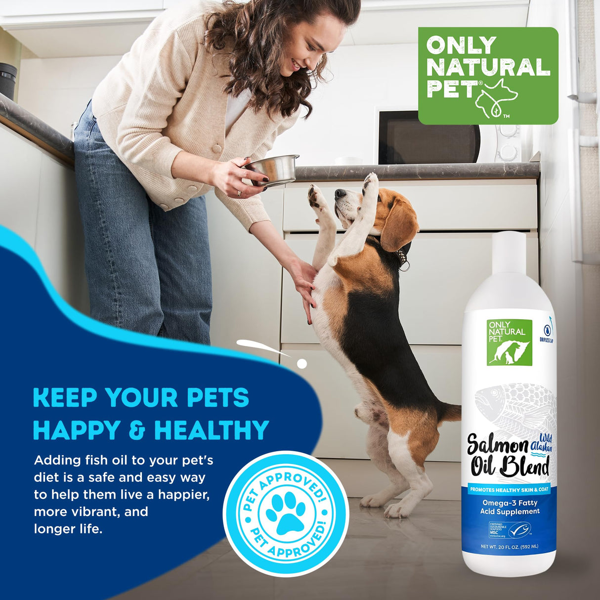 Only Natural Pet Wild Alaskan Salmon Oil for Dogs & Cats - Omega 3 & 6 Liquid Food Supplement for Pets - EPA & DHA Fish Oils, All Natural Joint Support, Promote Healthy Skin, Coat & Heart - 20 Fl Oz