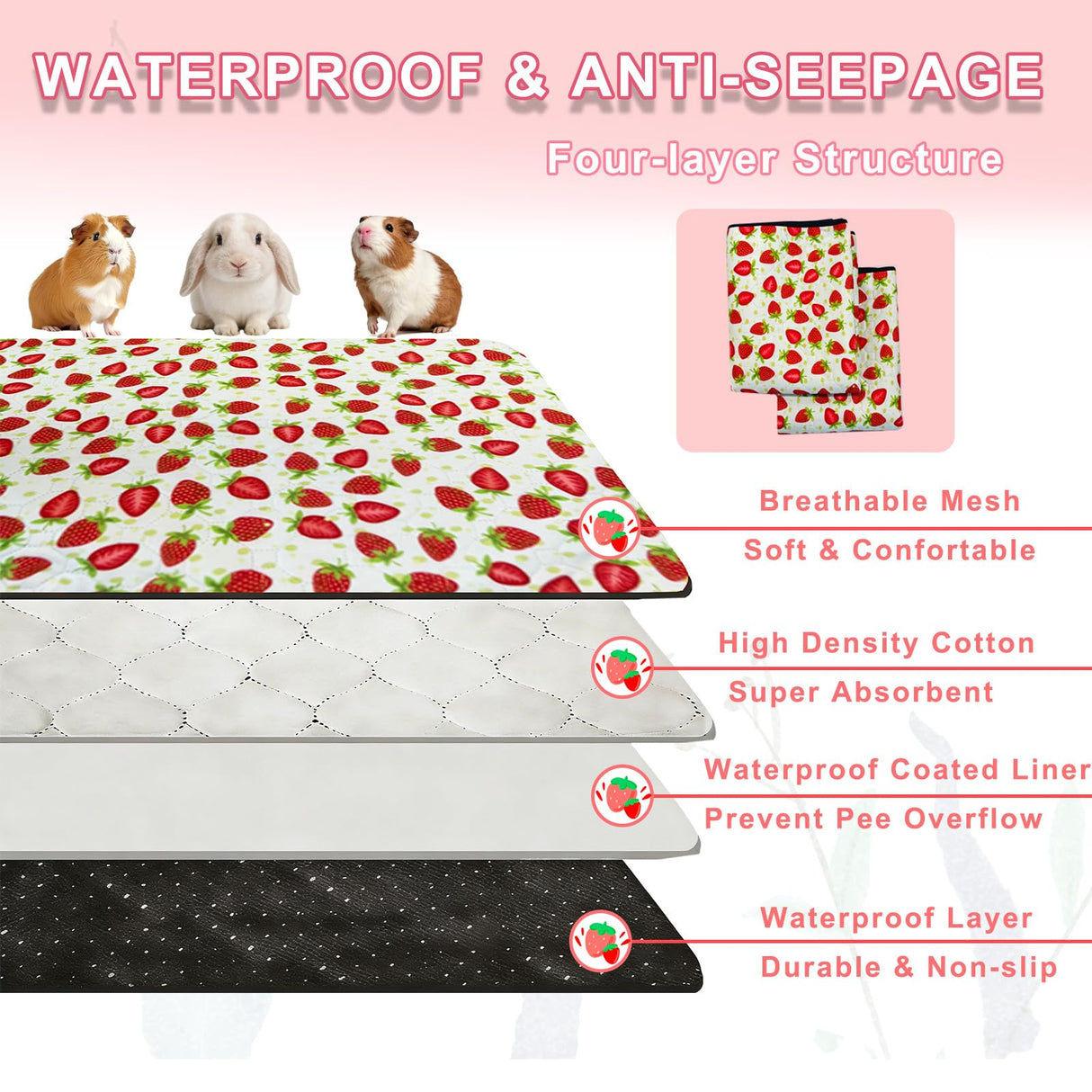 LWYMX 2 Pack Guinea Pig Cage Liners, Waterproof Reusable Guinea Pig Cage Liners,Waterproof Super Absorbent Pee Pads for Small Animals,24x48 inch 2pack