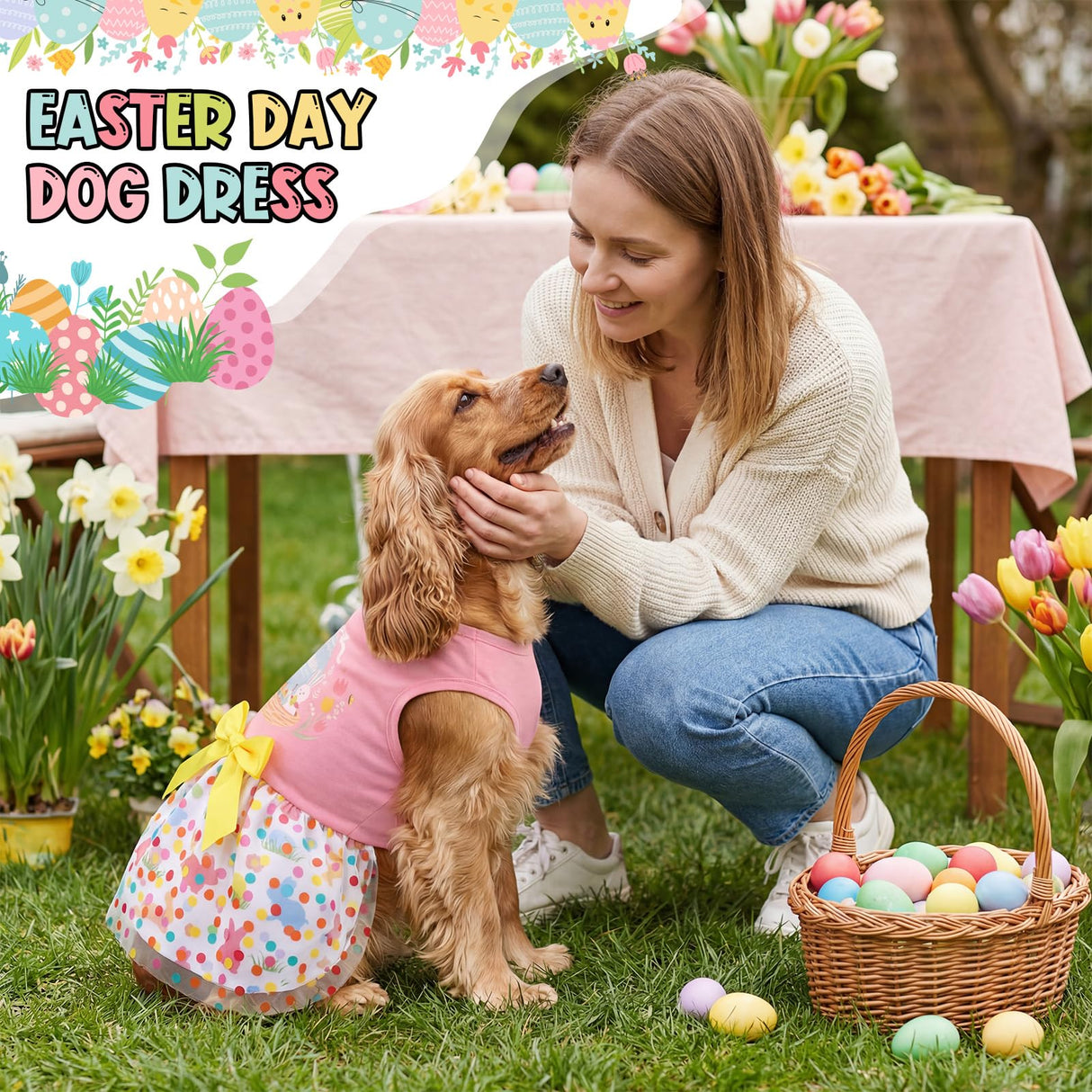 Abbylike 3 Pcs Seasonal Dog Outfits Easter Summer 4th of July Pet Costume Cotton Holiday Puppy Dress Lightweight Pet Apparel with Bowknot for Large Medium Dog Clothing, Large