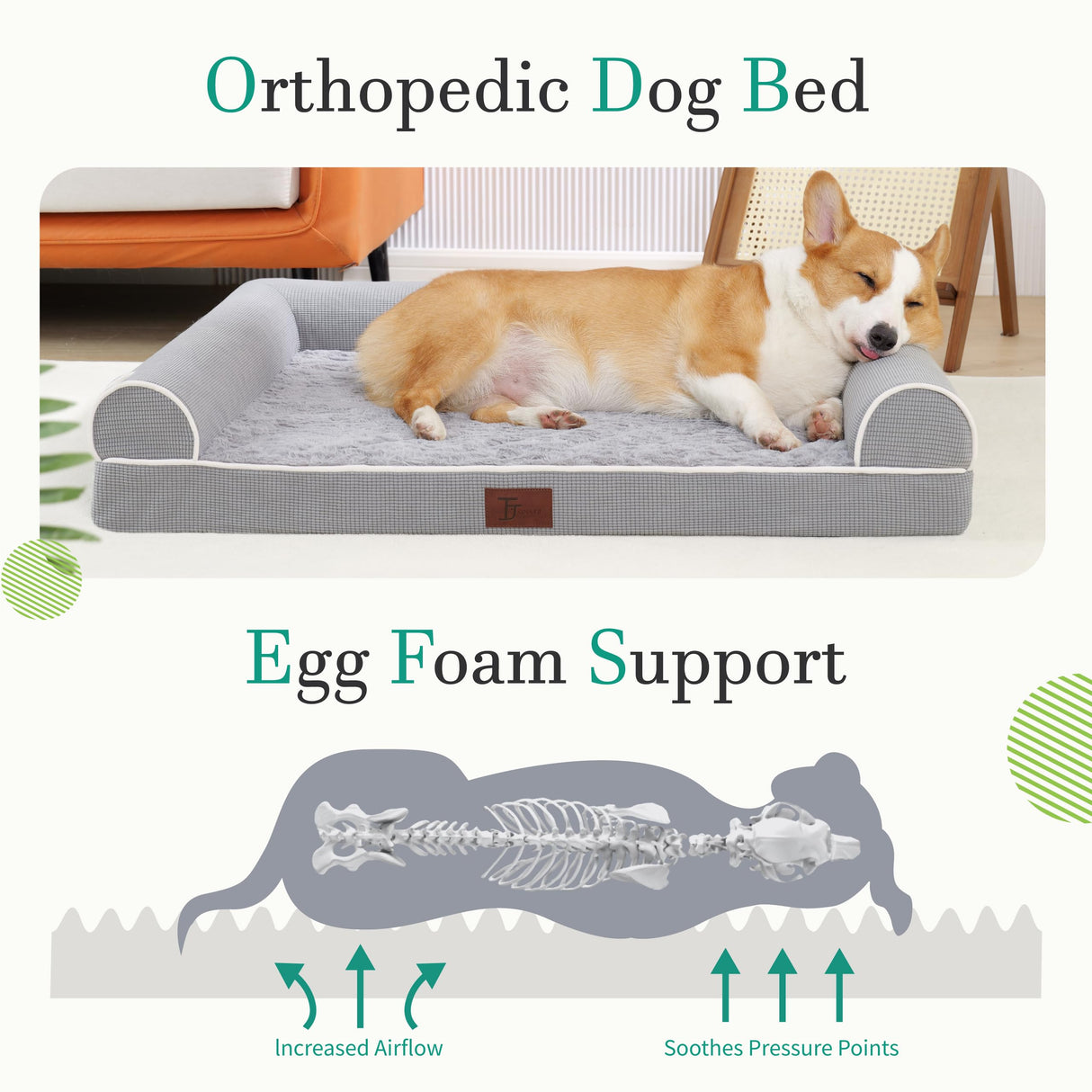 TJSOULER Orthopedic Dog Beds for Small Medium Dogs,Waterproof Lined Egg Crate Foam Pet Bed Mat with Removable and Washable Cover and Non Slip Bottom,Dog Sofa Soft Bed
