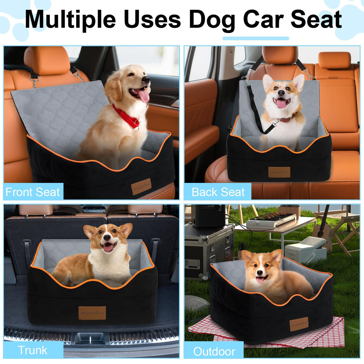 wagnation Dog Car Seat for Small/Medium Dogs Under 35lbs, Pet Booster Seat with 4In Memory Foam Cushion, Fully Detachable and Washable, Travel Dog Carseat with Storage Pocket and Safety Belt