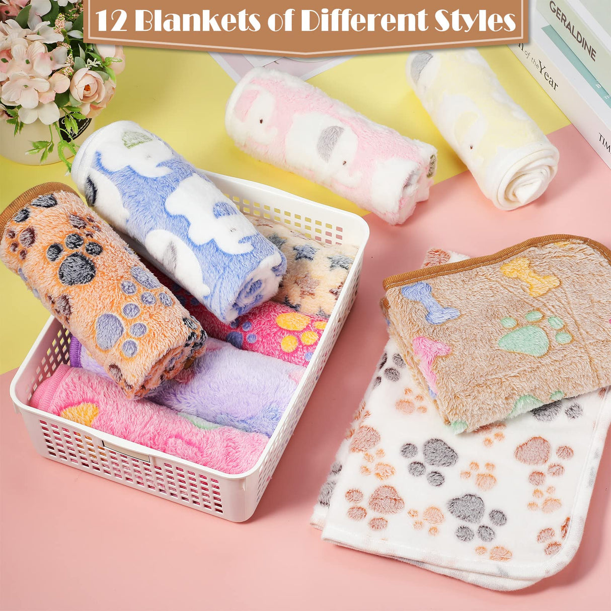 Tatuo 12 Pieces 16 x 24 Inch Dog Blanket Super Soft Warm Cat Sleep Mat Pet Kitten Doggy Fluffy Fleece Blankets with Cute Dog Paw Bone Star Elephant Patterns Printed Fluffy Blanket for Small Cat Puppy