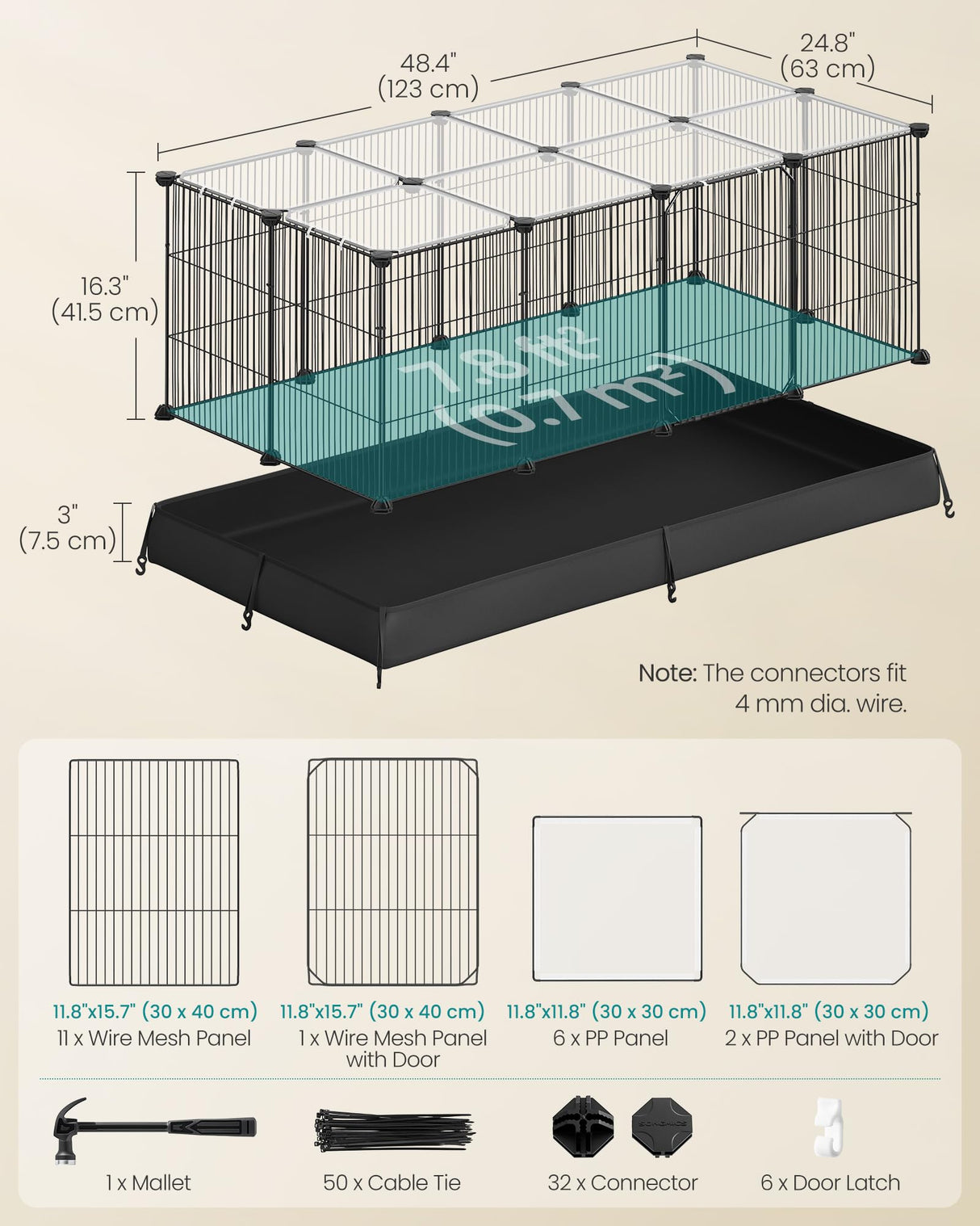 SONGMICS Guinea Pig Cage, Rabbit Cage, Small Animal Playpen with Waterproof Mat, Top and Side Door, 20 Panels, 48.4 x 24.8 x 16.3 Inches, Ink Black ULPI011BH01