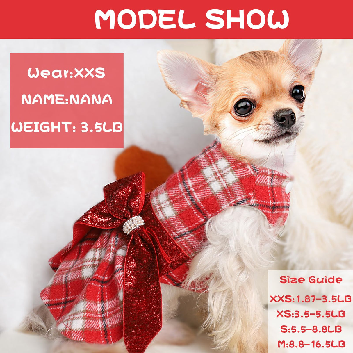 Dog Dress for Small Dogs, Winter Cute Warm Fleece Dog Sweater Dresses for Small Dogs Girl, Chihuahua Yorkie Soft Pet Doggie Coat Clothing Flanne Lining Cat Apparel (Red Plaid, XX-Small)